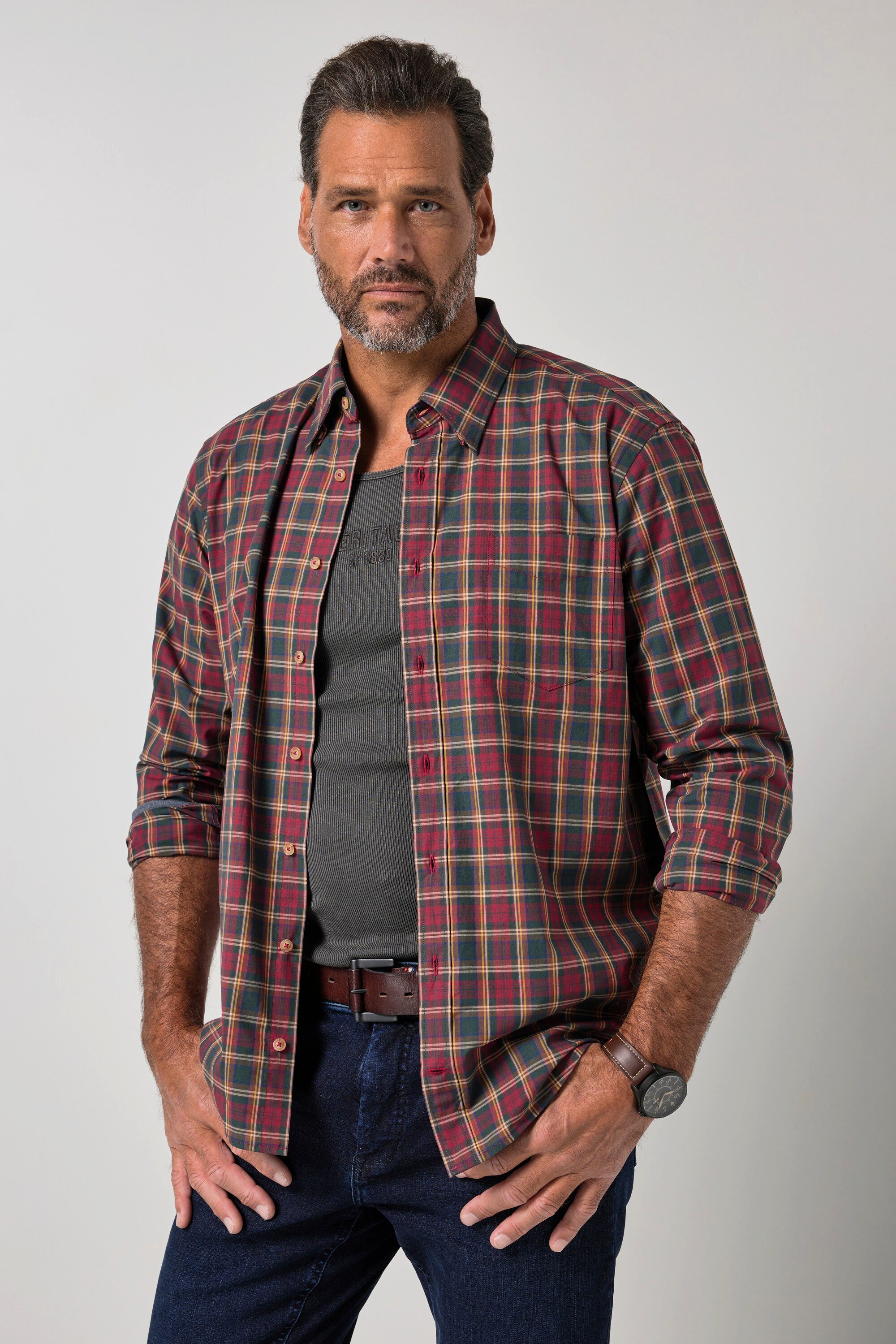 JP1880 Businesshemd Karohemd Langarm verdeckter Buttondown-Kragen