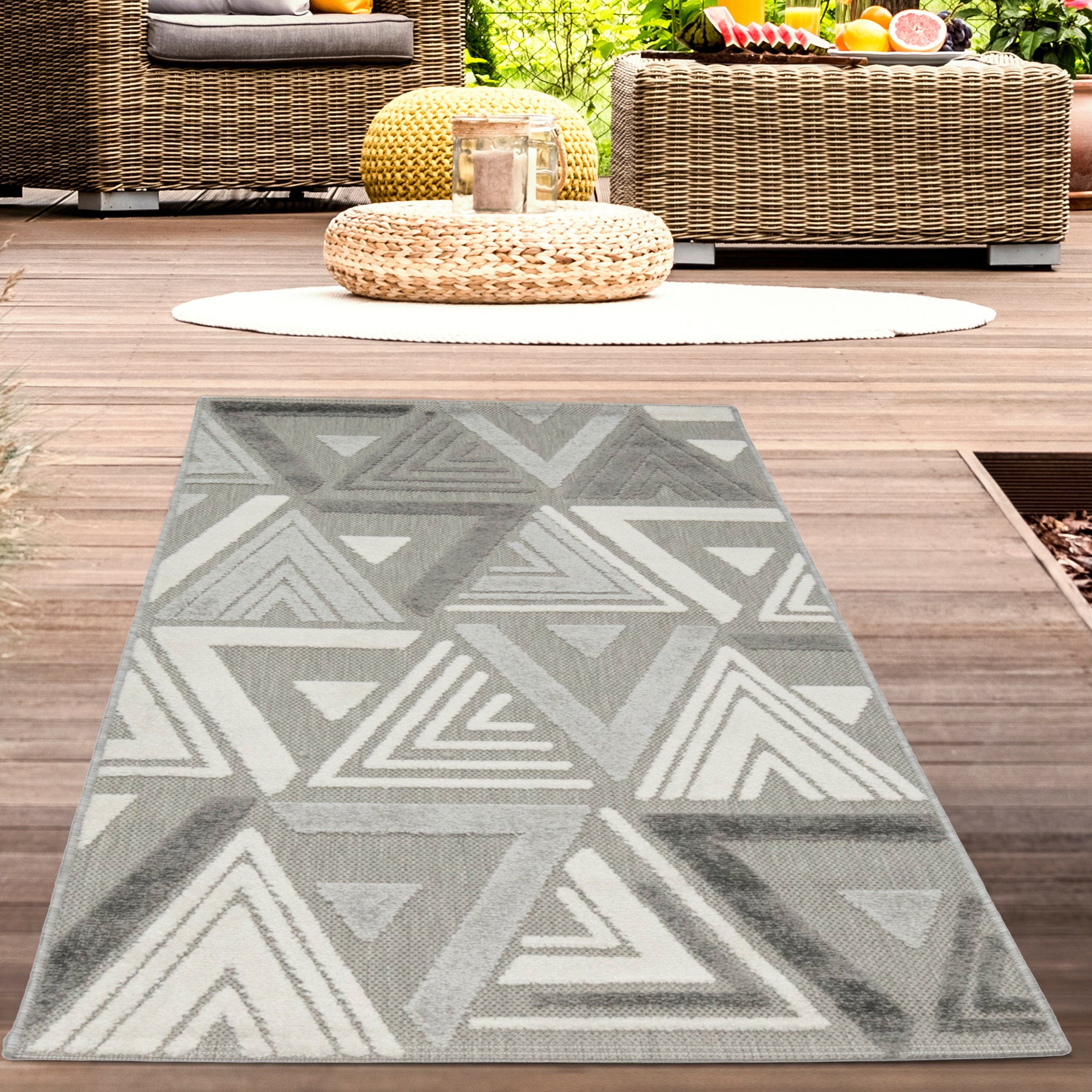 Dreiecksmuster 10 grau, in In- Höhe: Sisalteppich Outdoor creme Carpetia, mm & abstraktem Outdoorteppich rechteckig, mit