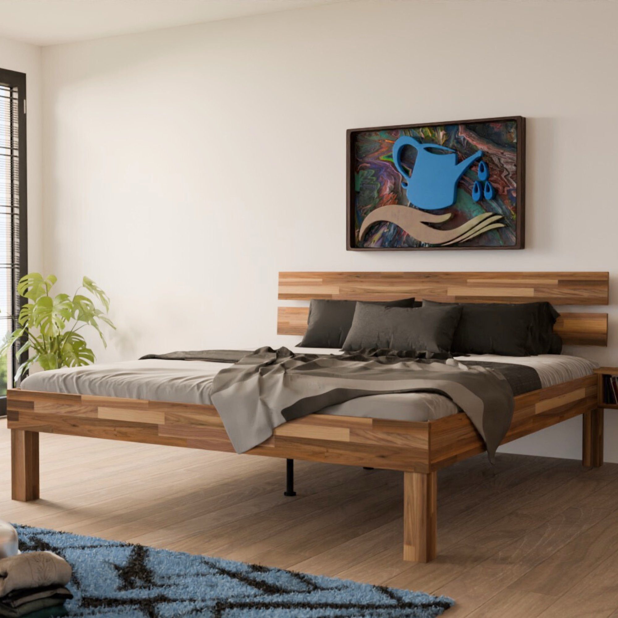 MeinMassivholz Bettgestell PALMA Nussbaum (Einzelbett & Doppelbett), Komfortbett, Bettgestell mit Kopfpaneel, Natur geölt, Made in Germany