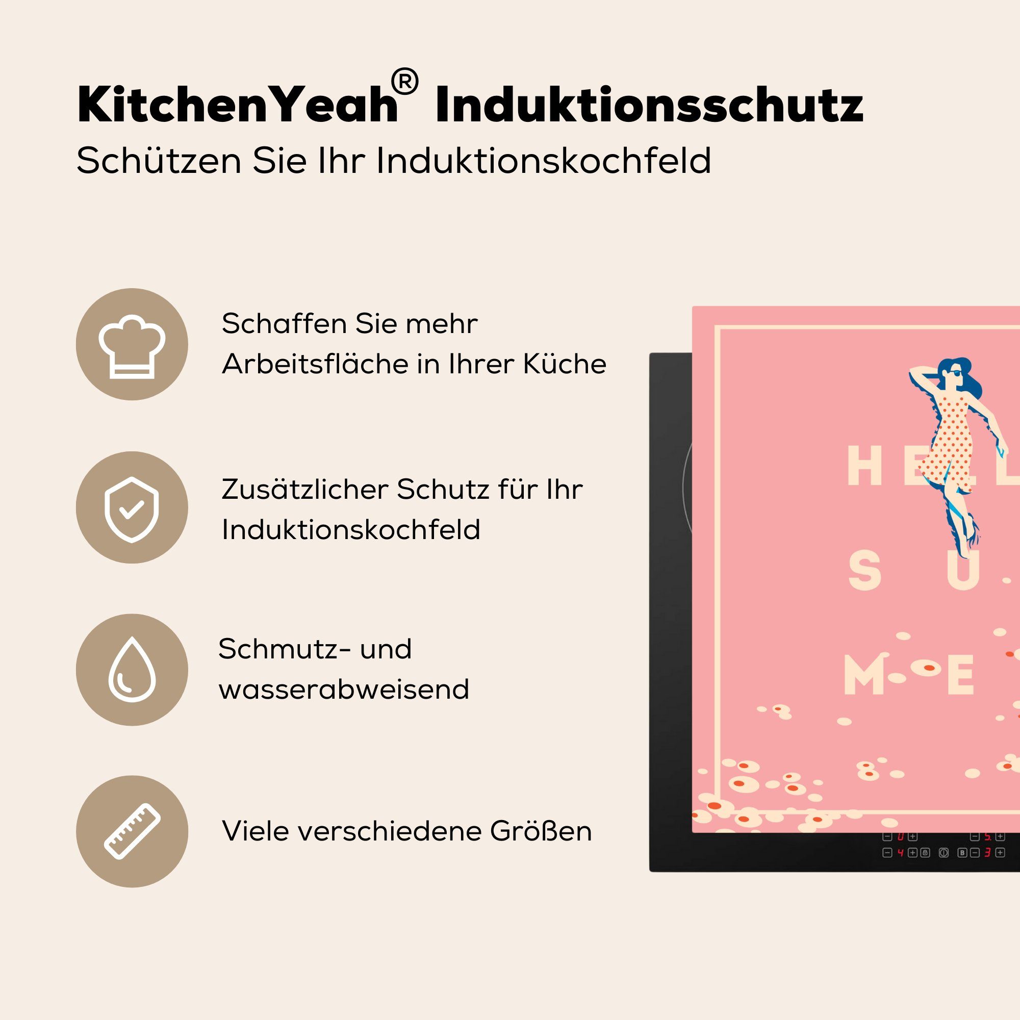 Rosa Sprüche, küche Herdblende-/Abdeckplatte cm, - Arbeitsplatte (1 Ceranfeldabdeckung, 'Hallo für - Zitate tlg), Sommer' MuchoWow Vinyl, - 78x78