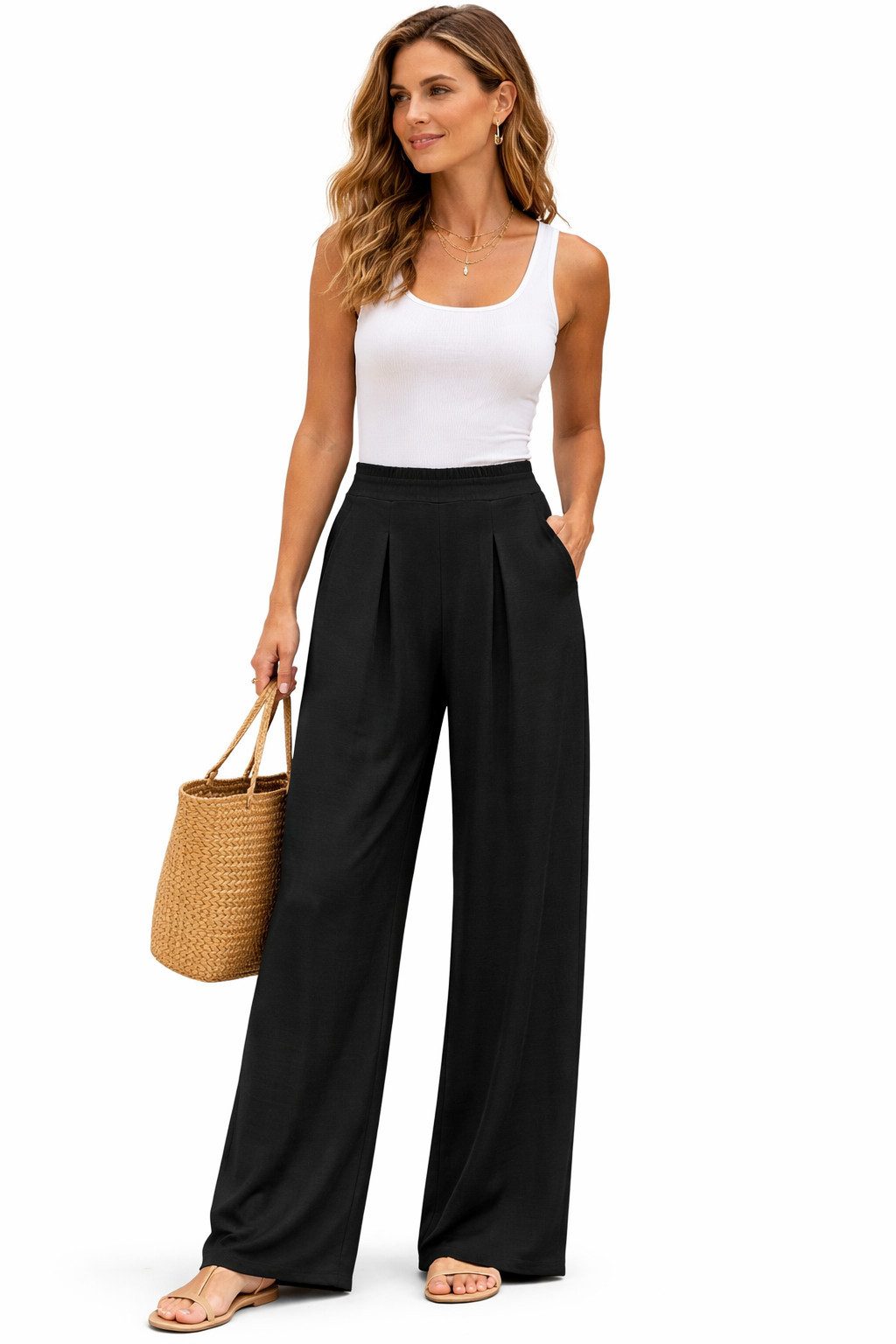 SUBLEVEL Chinos Damen Luftige Sommerhose Freizeit Weit geschnitten Stoff Palazzo-Hose