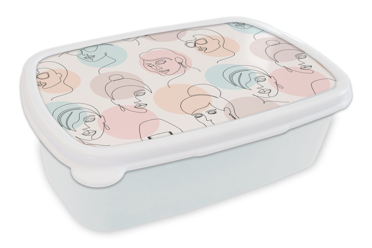 MuchoWow Lunchbox Frauen - Pastell - Strichzeichnungen - Muster, Kunststoff, (2-tlg), Brotbox für Kinder und Erwachsene, Brotdose, für Jungs und Mädchen weiß