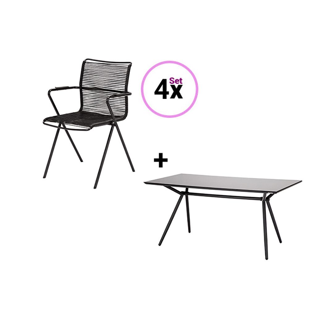 acamp Garten-Essgruppe Alpha Rope Gartenmöbel 4 Sessel & Tisch, 5 teilig, (ergonomischer Sitzkomfort wetterfest pflegeleicht inkl Tisch), Stahl Gestell Rope Schnur anthrazit stapelbare Gartensessel