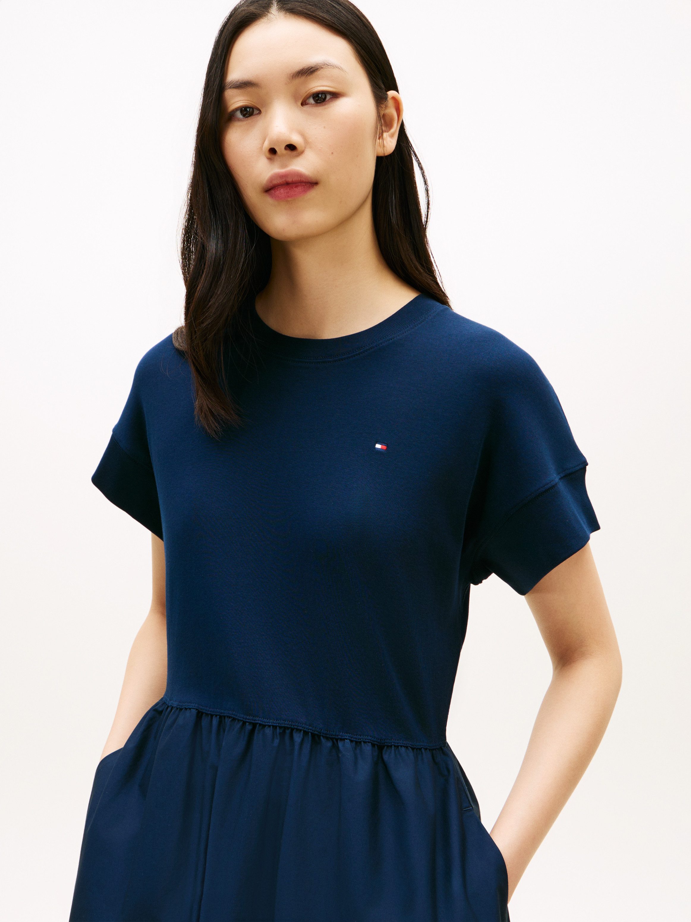 Tommy Hilfiger A-Linien-Kleid CODY MIX MEDIA C-NK MIDI DRESS in Midi-Länge, Rundhals, Regular Fit