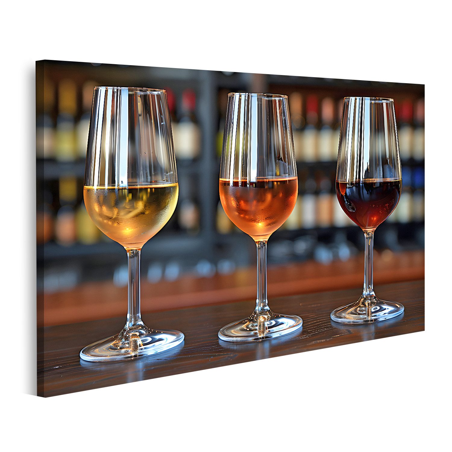 Leinwandbild Drei edle Weingläser, gefüllt mit Rotwein, stilvoll auf Holztisch arra
