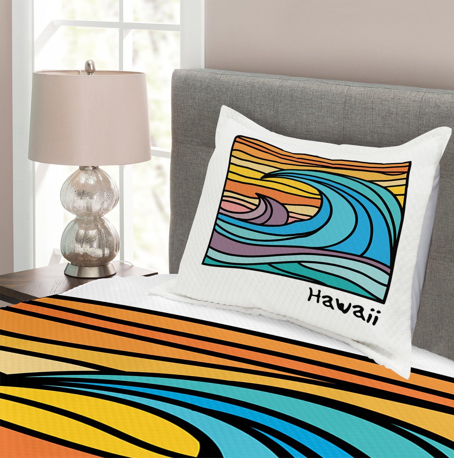 Tagesdecke Set mit Kissenbezügen Ozean-Wellen-Kunst Hawaii Abakuhaus, Waschbar, Abstrakte