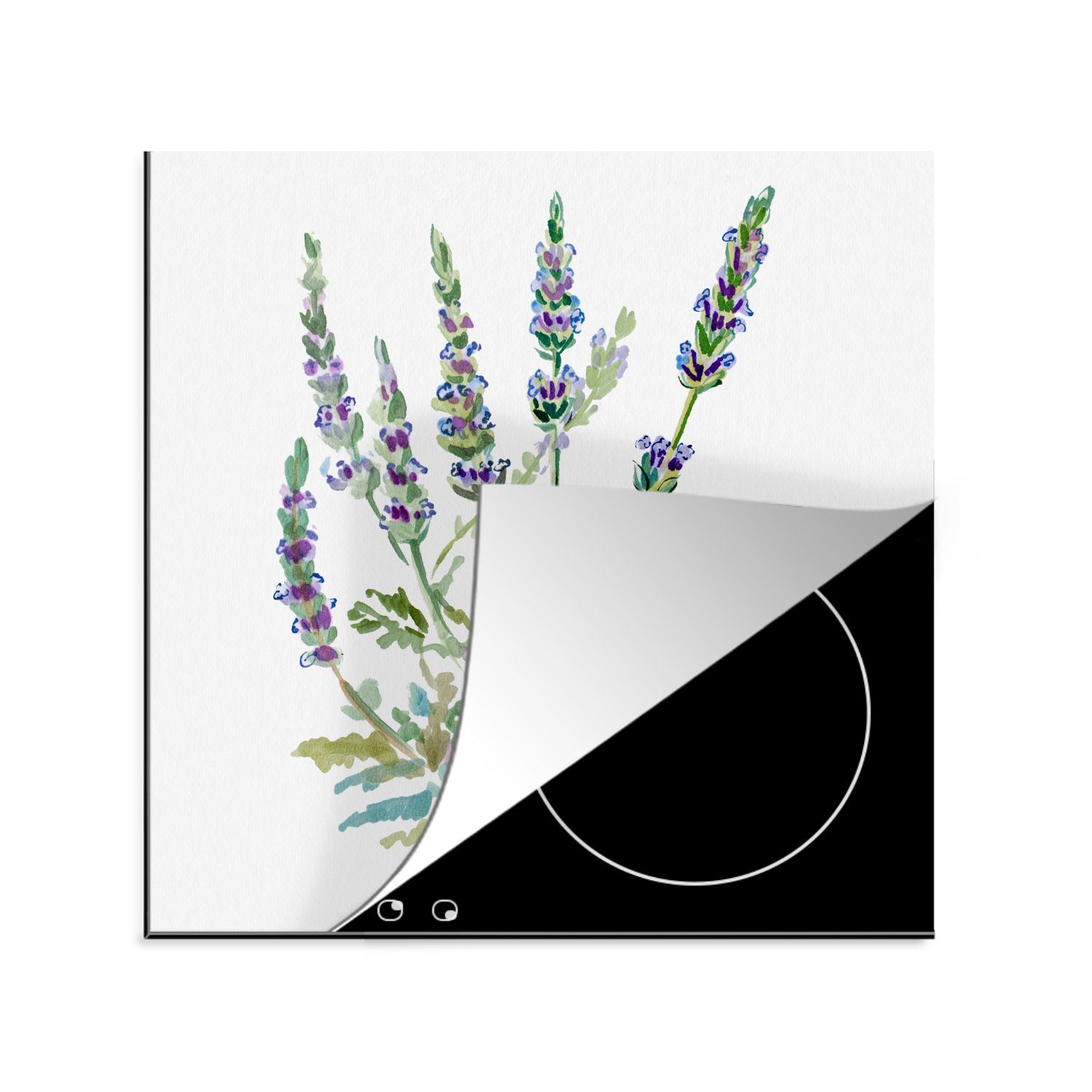 Blätter MuchoWow - für Lavendel Ceranfeldabdeckung, 78x78 küche - Details, cm, Vinyl, Herdblende-/Abdeckplatte tlg), (1 Aquarell - Arbeitsplatte