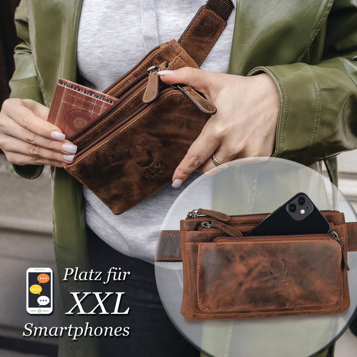 Corno d´Oro Bauchtasche Damen und Herren aus Echt Leder Vintage, Handmade Gürteltasche Cognac, mit breitem verstellbarem Gurt; 3 Reißverschlussfächer