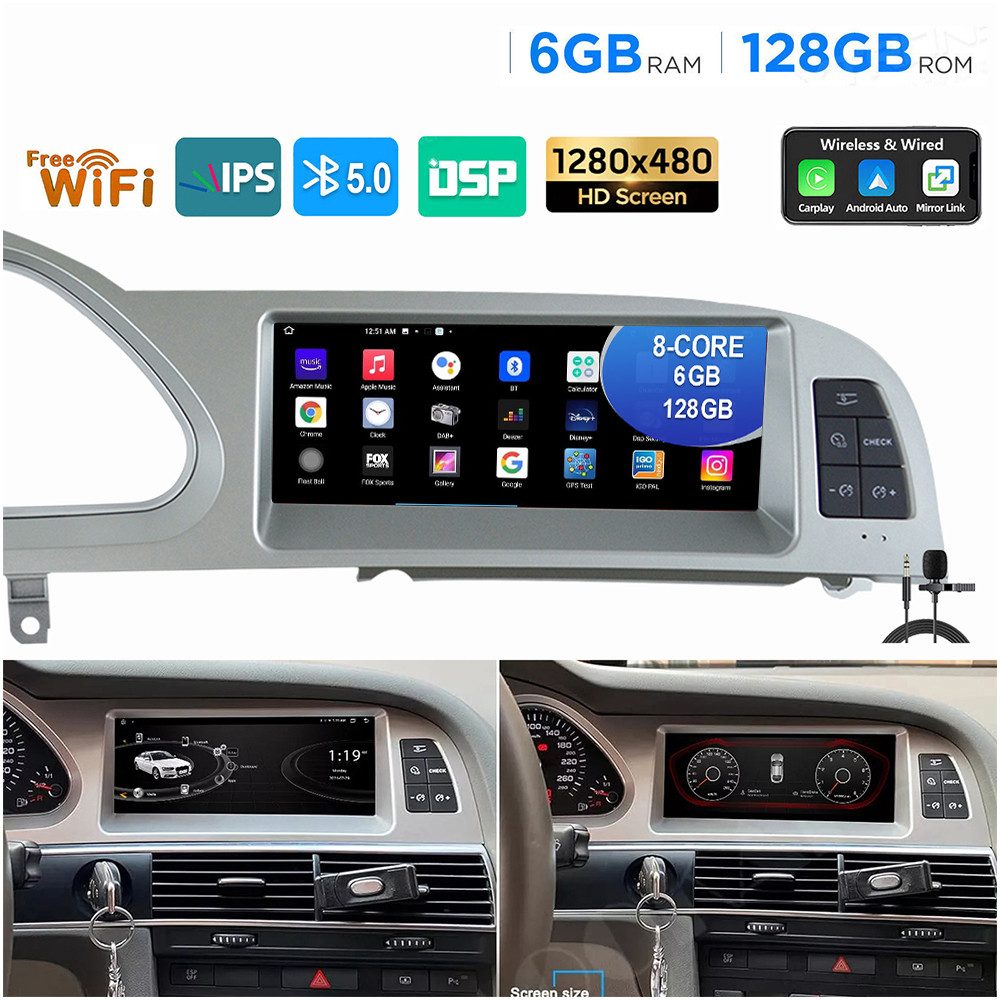 ESSGOO Android 15 6+128G Carplay Autoradio Für Audi A6 C6 4F MMI 2G 2005-2009 Autoradio (Digitalradio (DAB), FM, AM, RDS, SWC, Navi DSP 4G LTE 8-Kern)