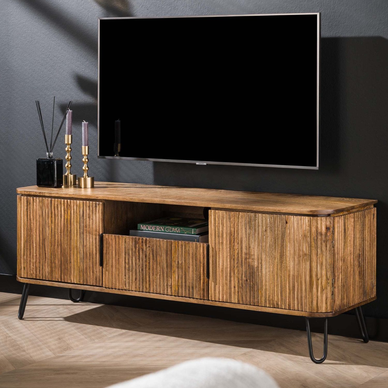 alesvelt TV-Schrank RIVA Elegantes Massivholz-Lowboard mit Rillenfräsung & Hairpin-Legs (1 Schrank, 135x50x40cm)