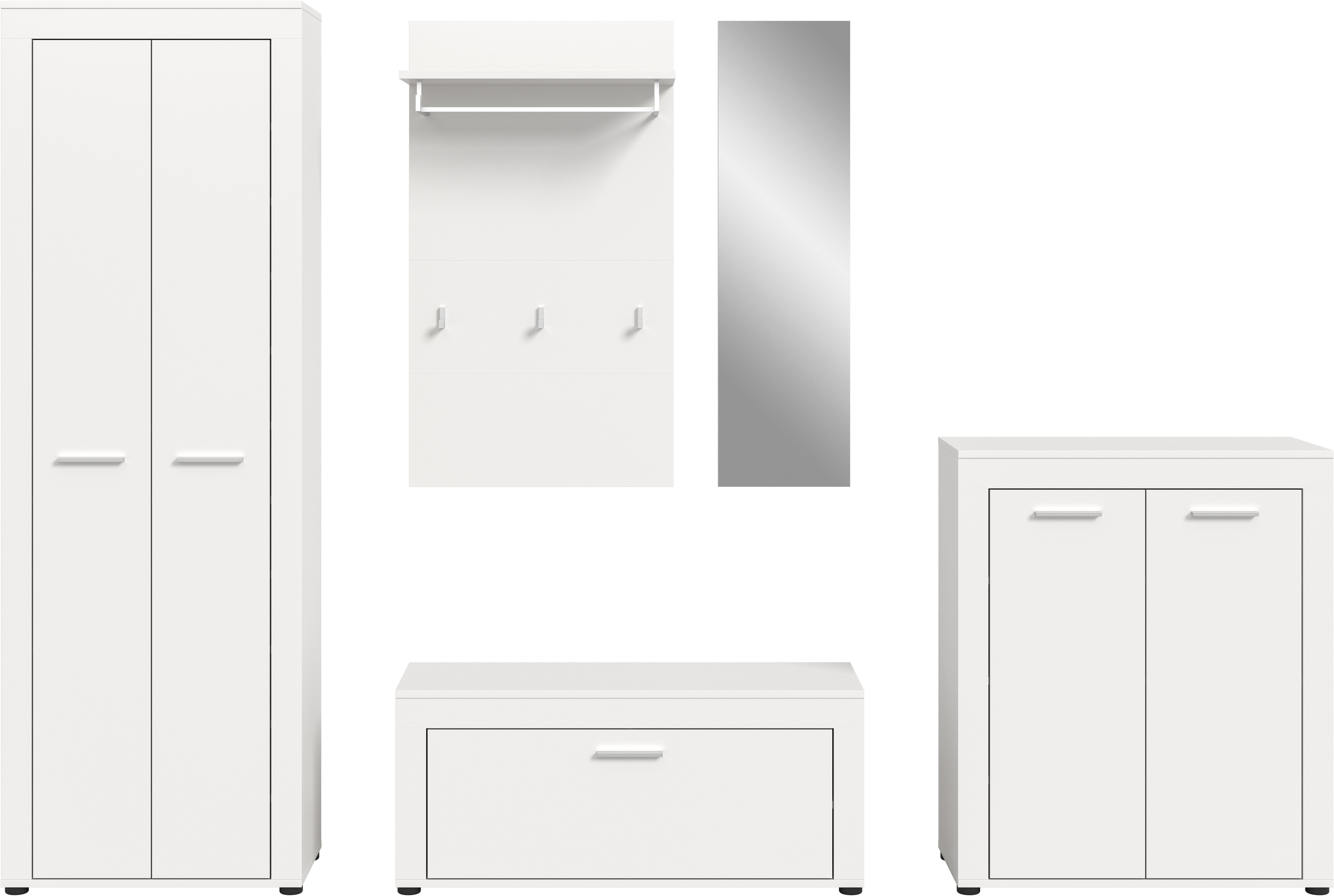 Home affaire Garderoben-Set AOSTA, TOPSELLER!, Breite 285cm, 5-teilige Garderobenkombination, (Set, 5-St., bestehend aus: Garderobenschrank, Sitzbank, Paneel, Spiegel & Kommode), Flurkombination, Kombination, Garderobe, Dielen-Set, Garderobenmöbel