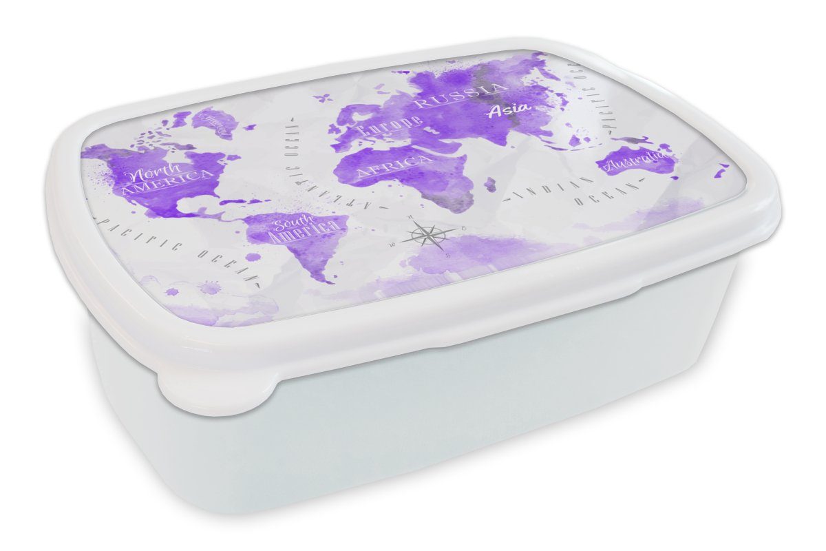 Brotdose, und weiß Mädchen für und - Weltkarte Ölfarbe Violett, Erwachsene, (2-tlg), - MuchoWow Lunchbox Kunststoff, Jungs für Kinder Brotbox