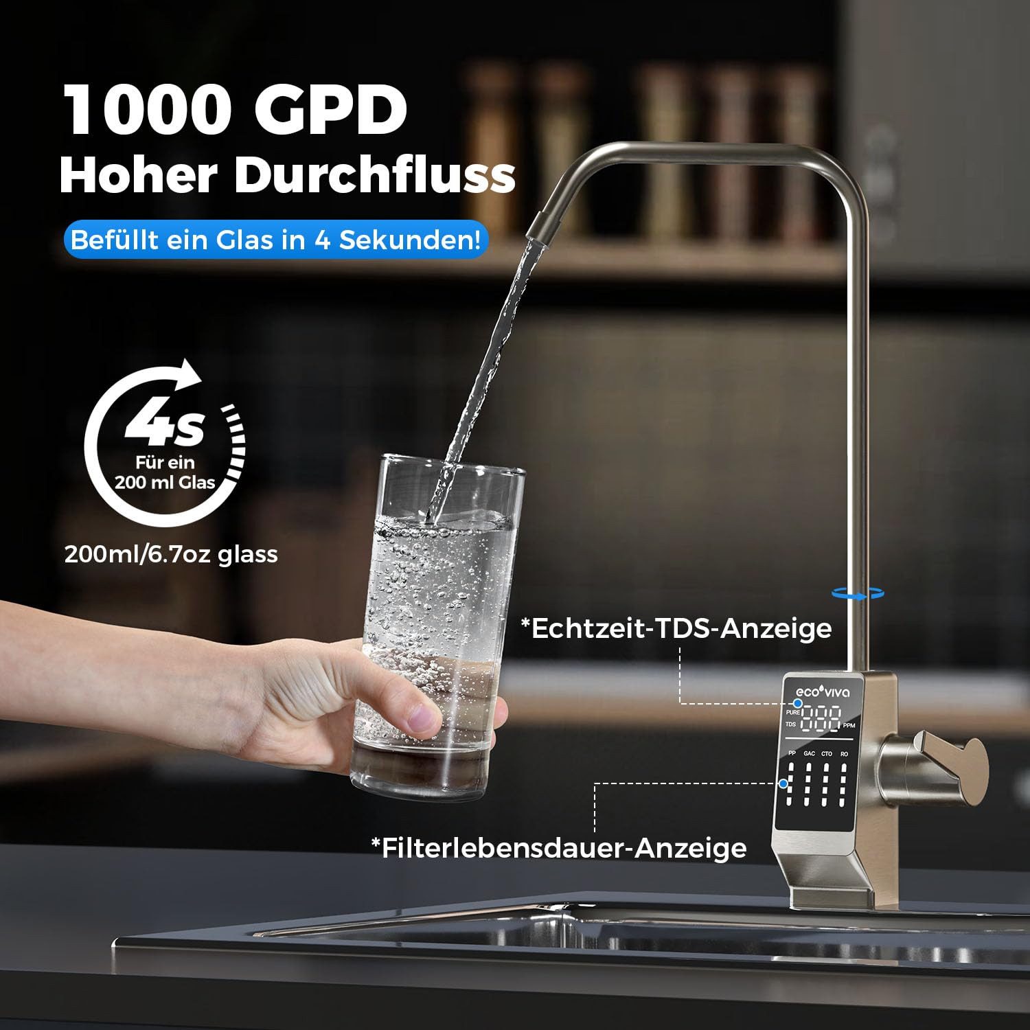 Ecoviva Wasserfilter RO1000G Untertisch Osmoseanlage Umkehrosmoseanlage Trinkwasser, Reduziert TDS, 2,1 l/min Wasserdurchflussrate, 3:1 Wassernutzung