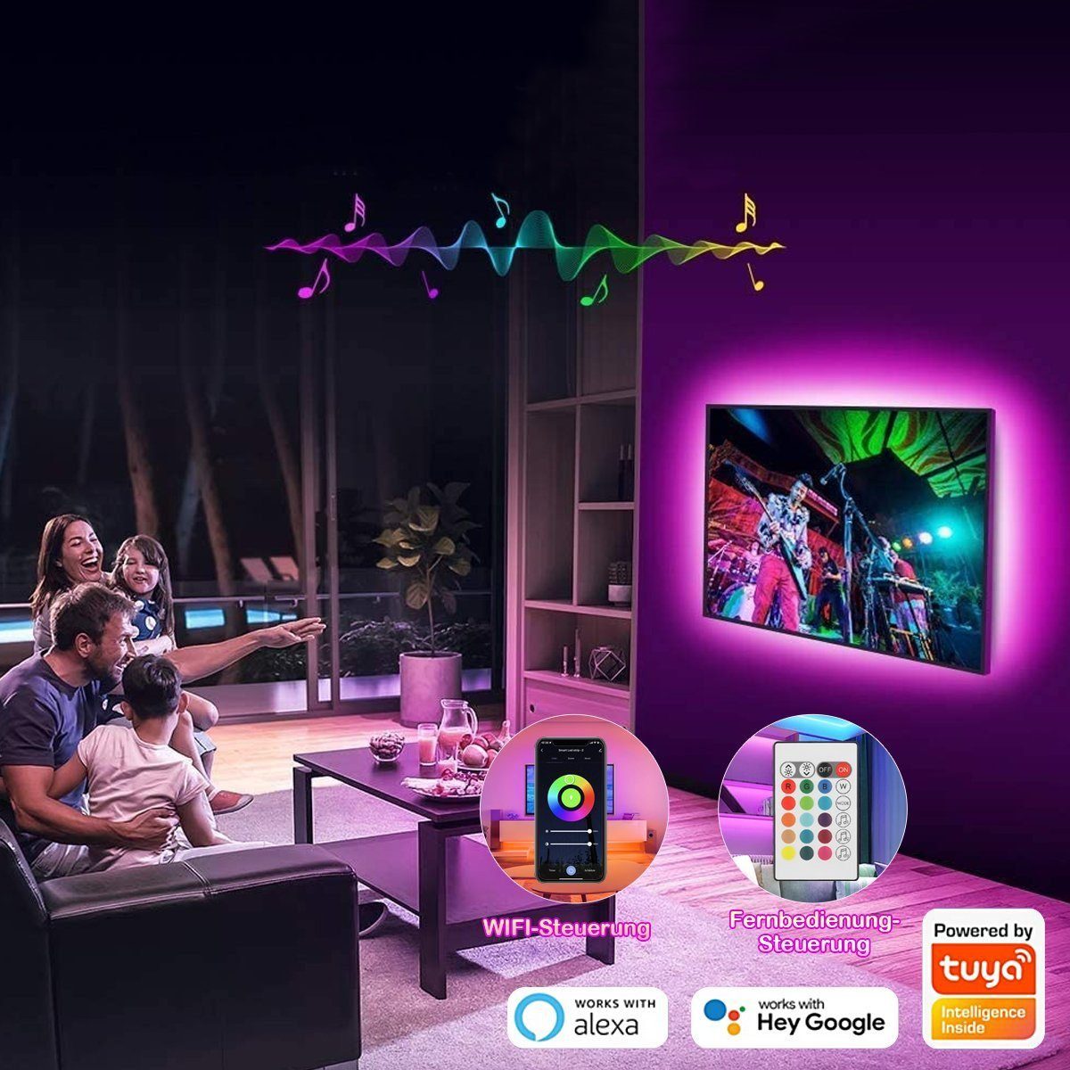 Fernbedienung(WIFI) Musik 10m, Dimmbar, mit 5050 Strip Mit 5m Sync, LED Led Streifen Timer-Einstellung App, Fernbedienung und Bluetooth, Stripe LETGOSPT RGB App-Steuerung, Led