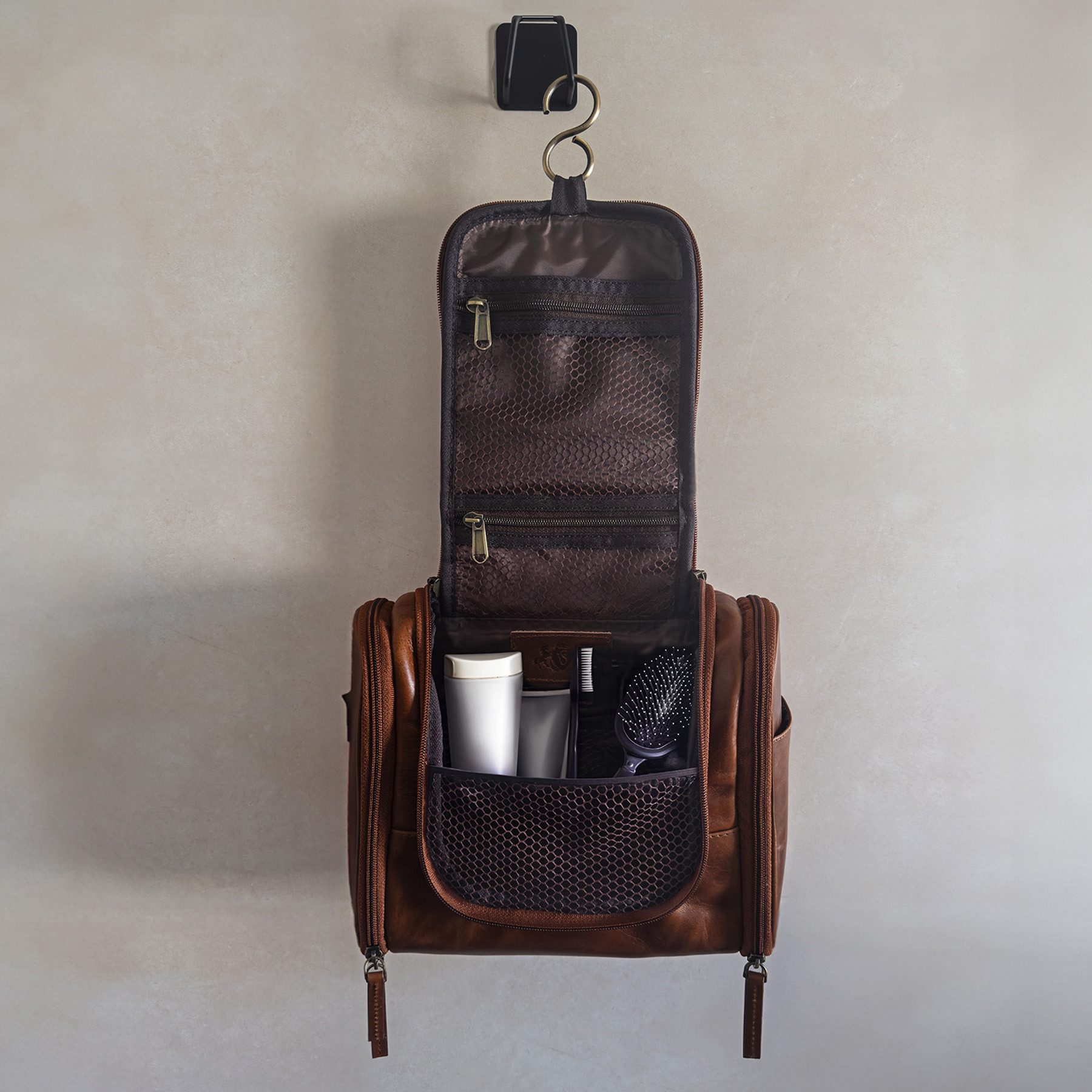 SID & VAIN Kulturbeutel echt Leder Kulturtasche zum Aufhängen groß hell-braun, Waschbeutel Echtleder für Damen & Herren, Kosmetiktasche hellbraun