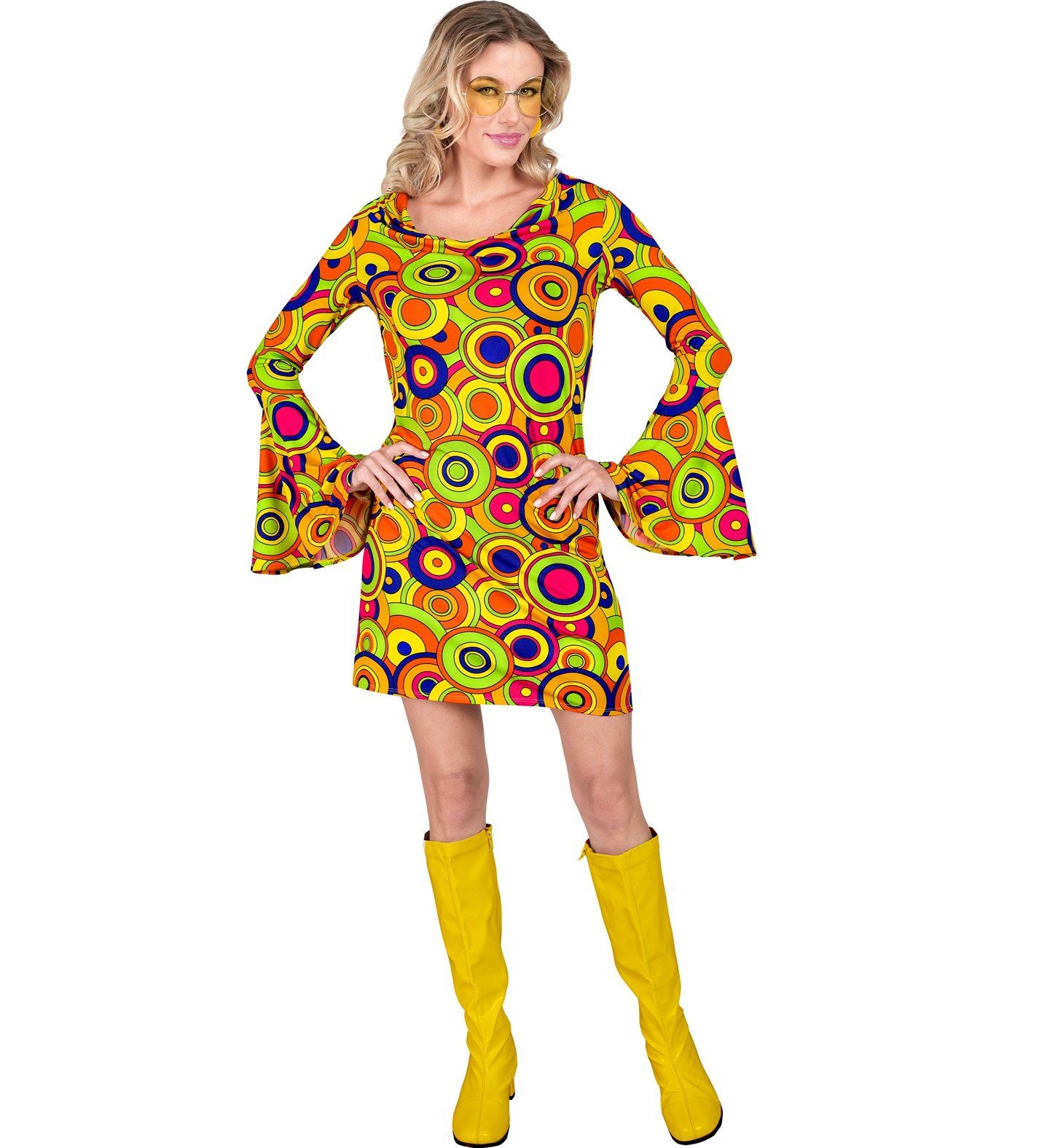 Kostüm 70er Jahre Damen Kleid 'Yellow Circles', Mehrfarb