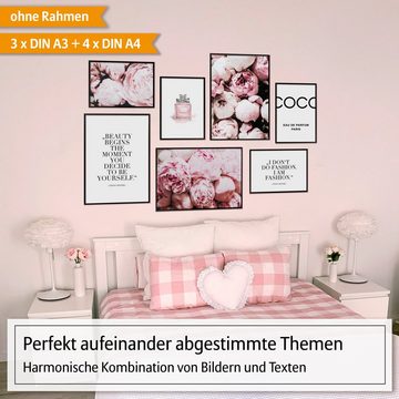 Hyggelig Home Poster »Premium Poster Set - 7 Bilder Wandbilder Wohnzimmer Deko Collage«, Fashion (Set, 7 St), Knickfreie Lieferung Qualitätsdruck Dickes Papier