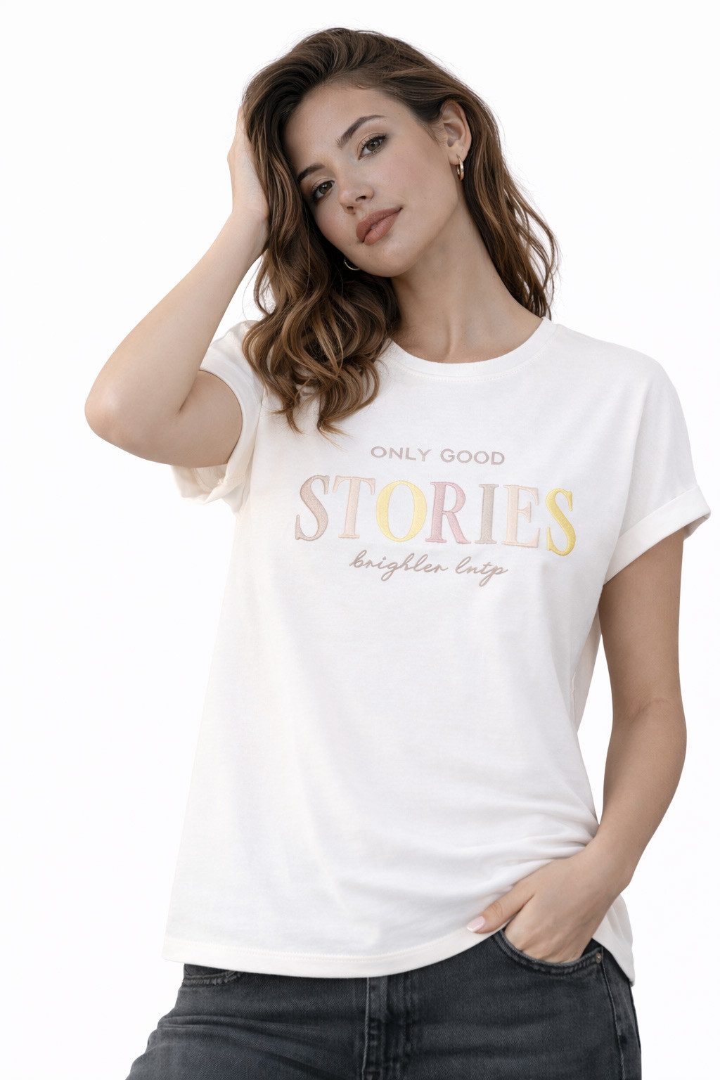 SUBLEVEL T-Shirt Damen Shirt Turn-Up Ärmel Weiches Basic Shirt Rundhals Kurzarm Baunwolle Modal Mix, super soft, unifarben, markenlogo