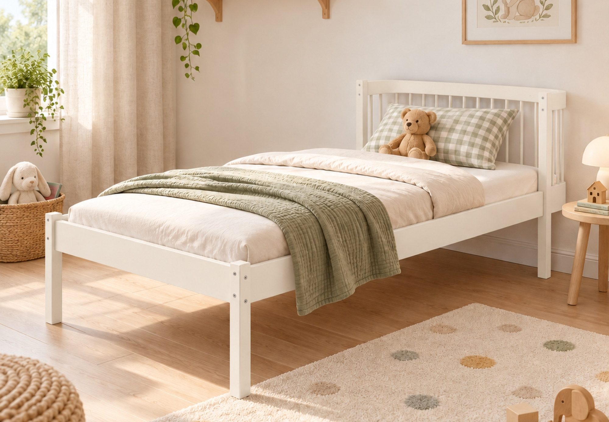 Kids Collective Kinderbett Einzelbett Kinder Bett Bettgestell mit Lattenrost Massivholz (Jugendbett, für Jungen und Mädchen), stabiles Kiefernholz, mit Rausfallschutz Baumwolle