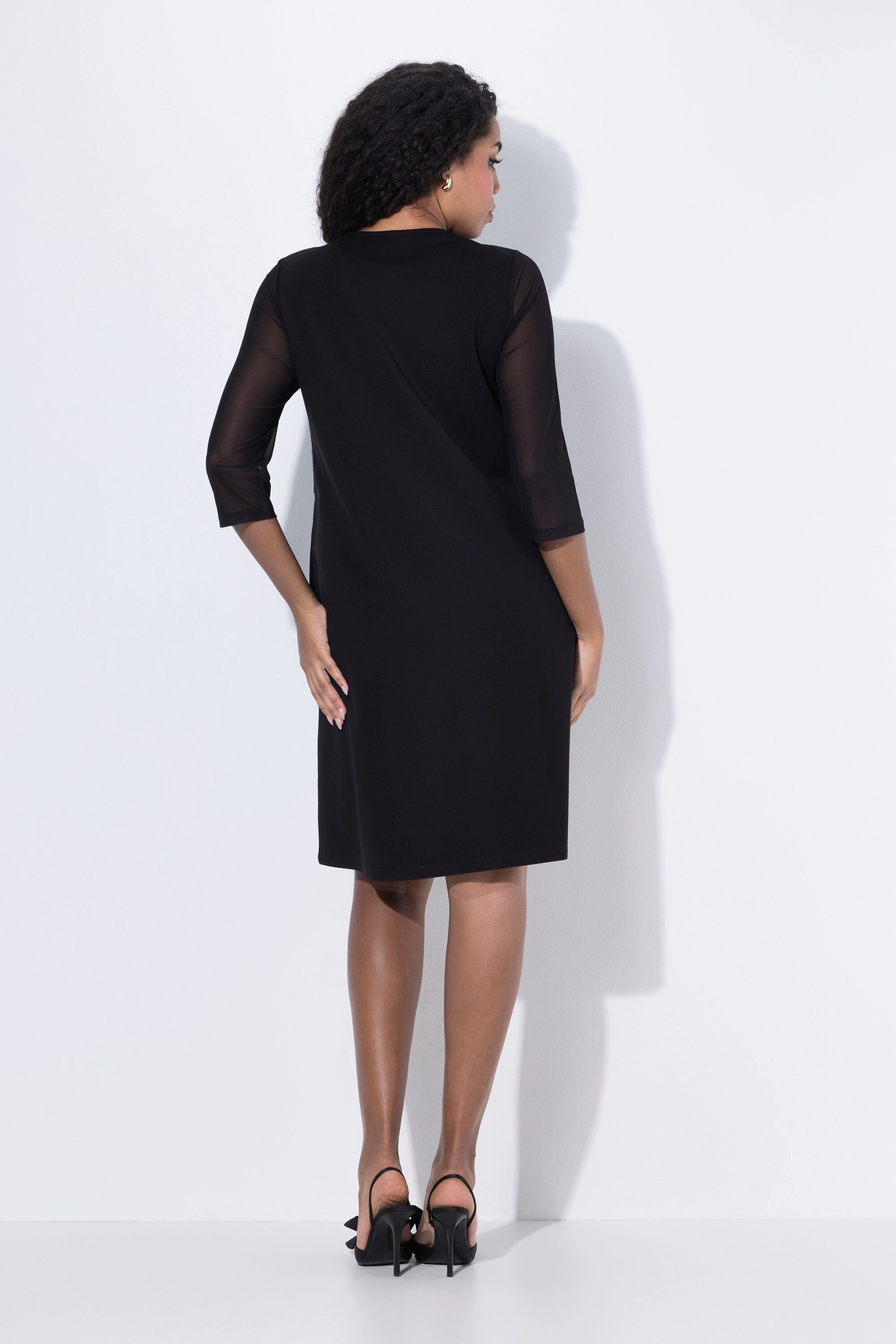 Ulla Popken Cocktailkleid Punto-Kleid Pailletten-Blüten V-Ausschnitt 3/4-Arm