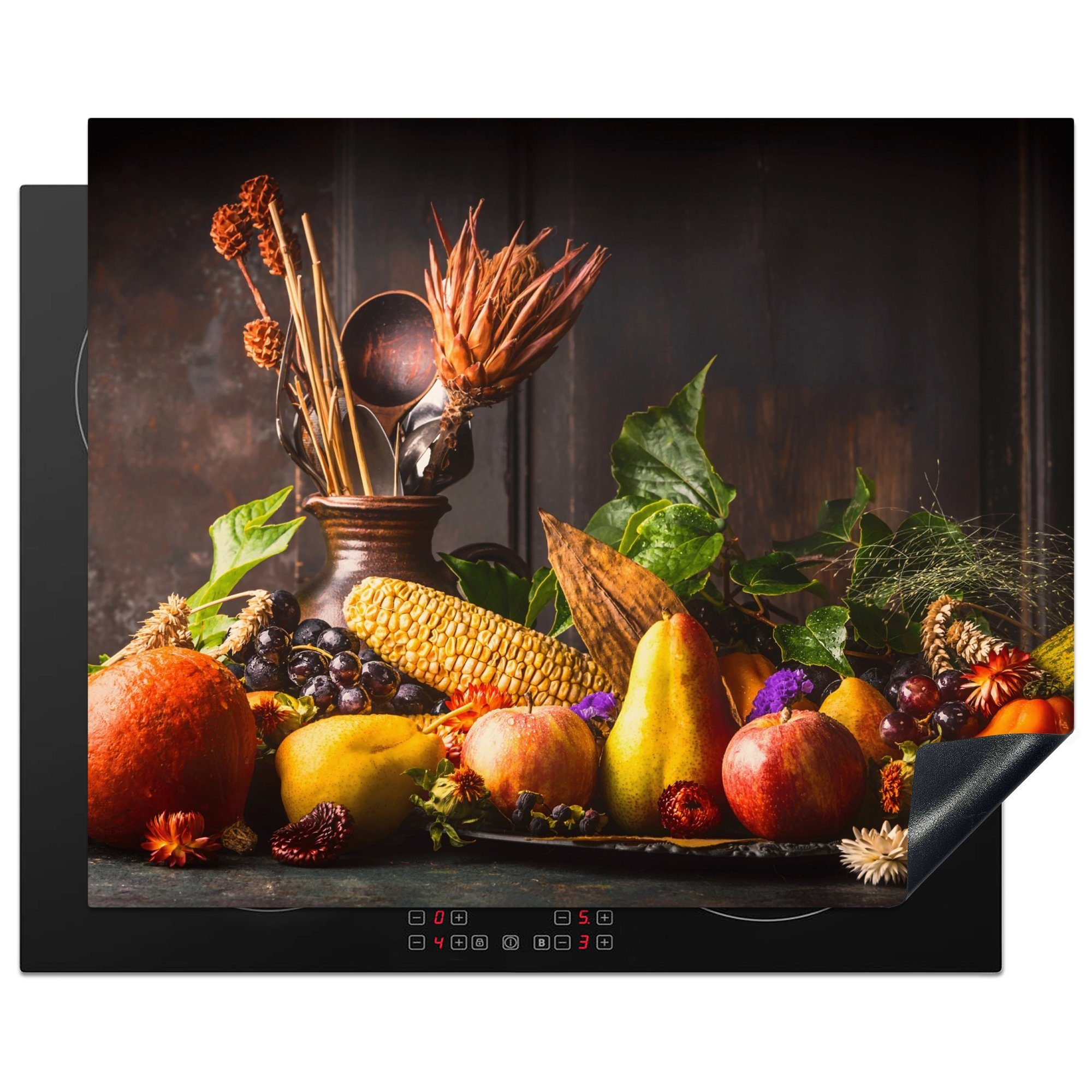 MuchoWow Herd-Abdeckplatte Gemüse - Obst - Rustikal - Tisch, Vinyl, (1 tlg), Abdeckung Induktionskochfeld Schutzmatte, Küche Deko, 65x52 cm
