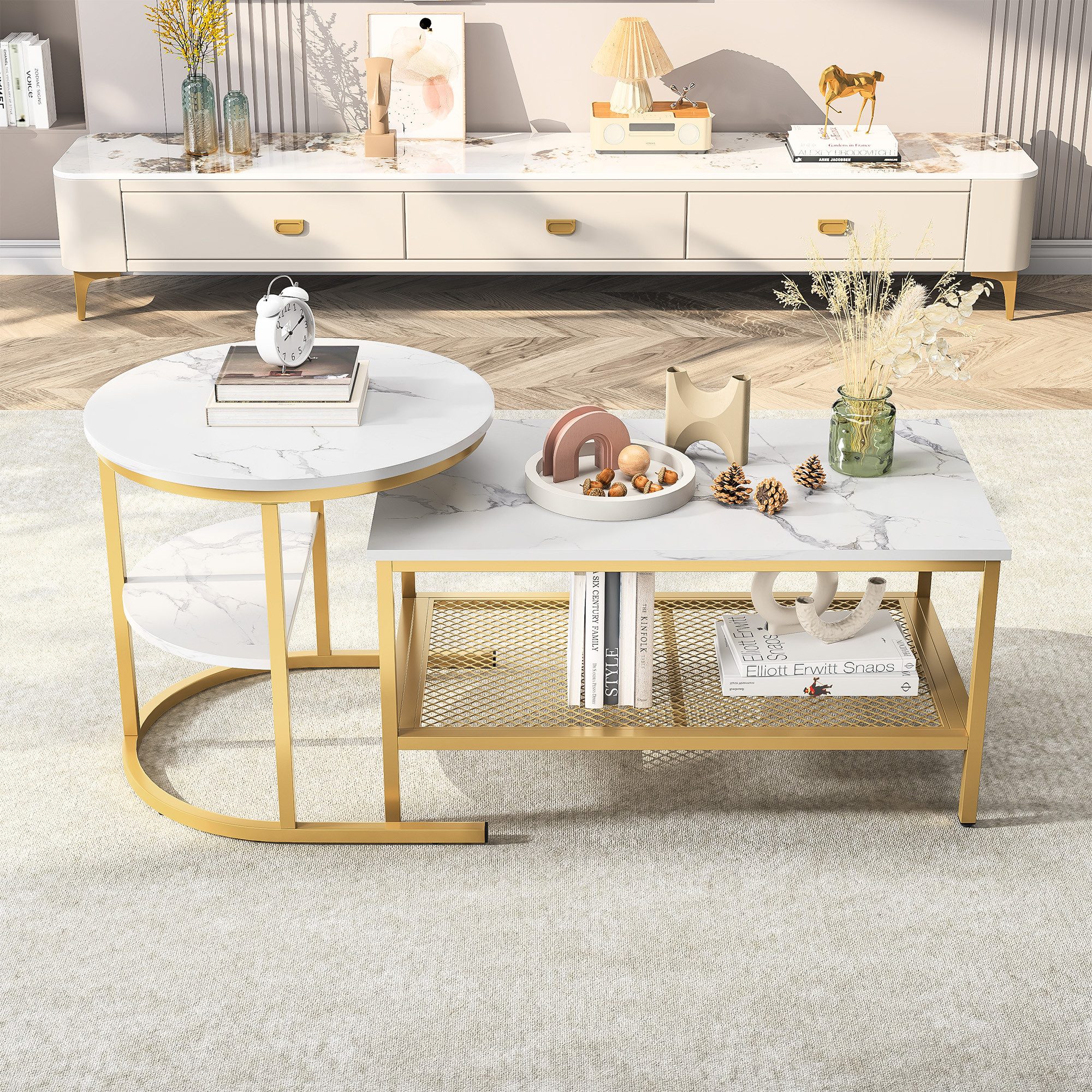 PXloue Couchtisch Satztisch Beistelltisch stapelbarer Sofatisch, mit Bodenschutz (Ideal für Wohnzimmer & Büro, Platzsparendes stapelbares Design), Marmormuster Beistelltisch mit Ablageboden,80x46x41cm+Ø52x51cm