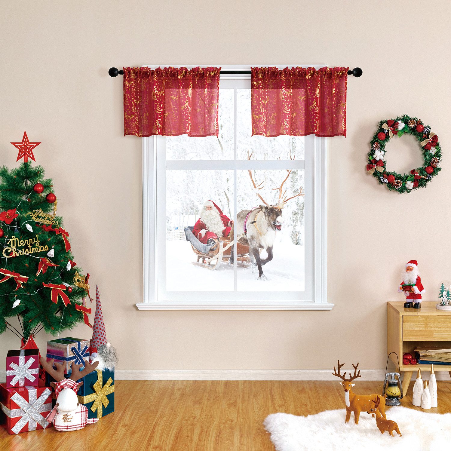 Jibenhome Gardine Kurzer Vorhang 2er-Set Weihnachtsvorhänge aus goldfarbener Folie, mit Stangentasche Gardinen für zu Hause,Partys,Hotels & Restaurants
