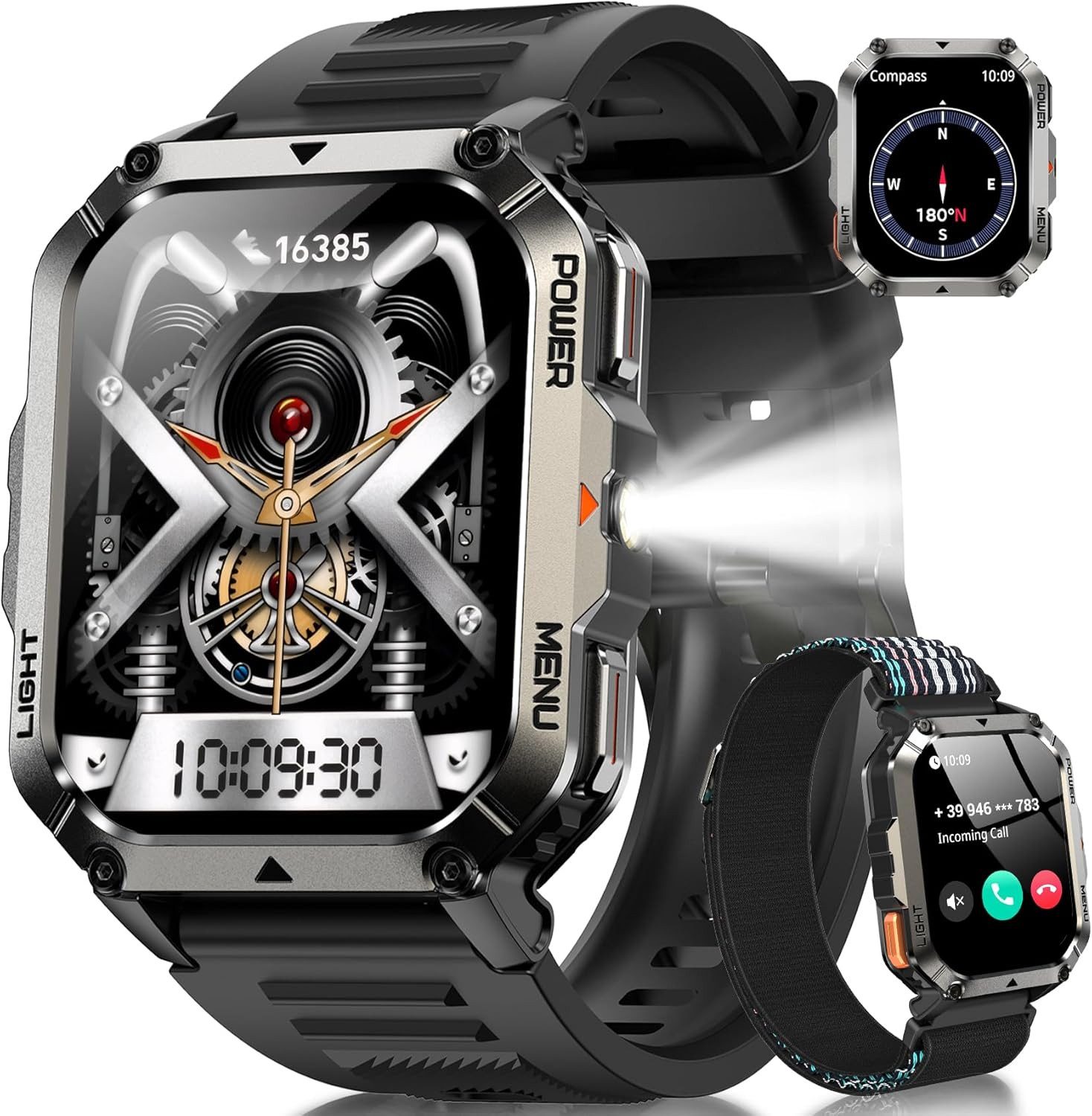 blackview Smartwatch herren mit 2,01" HD-Touchscreen, 900mAh Akku & 2 Armbändern Smartwatch (5.1 cm/2.01 Zoll, iOS/Android) Set, 1-tlg., mit Wechselband aus weichem Silikon und Ladekabel, Anrufe tätigen&empfangen,20 TageAkku,LED-Taschenlampe,Kompass,SOS,IP68