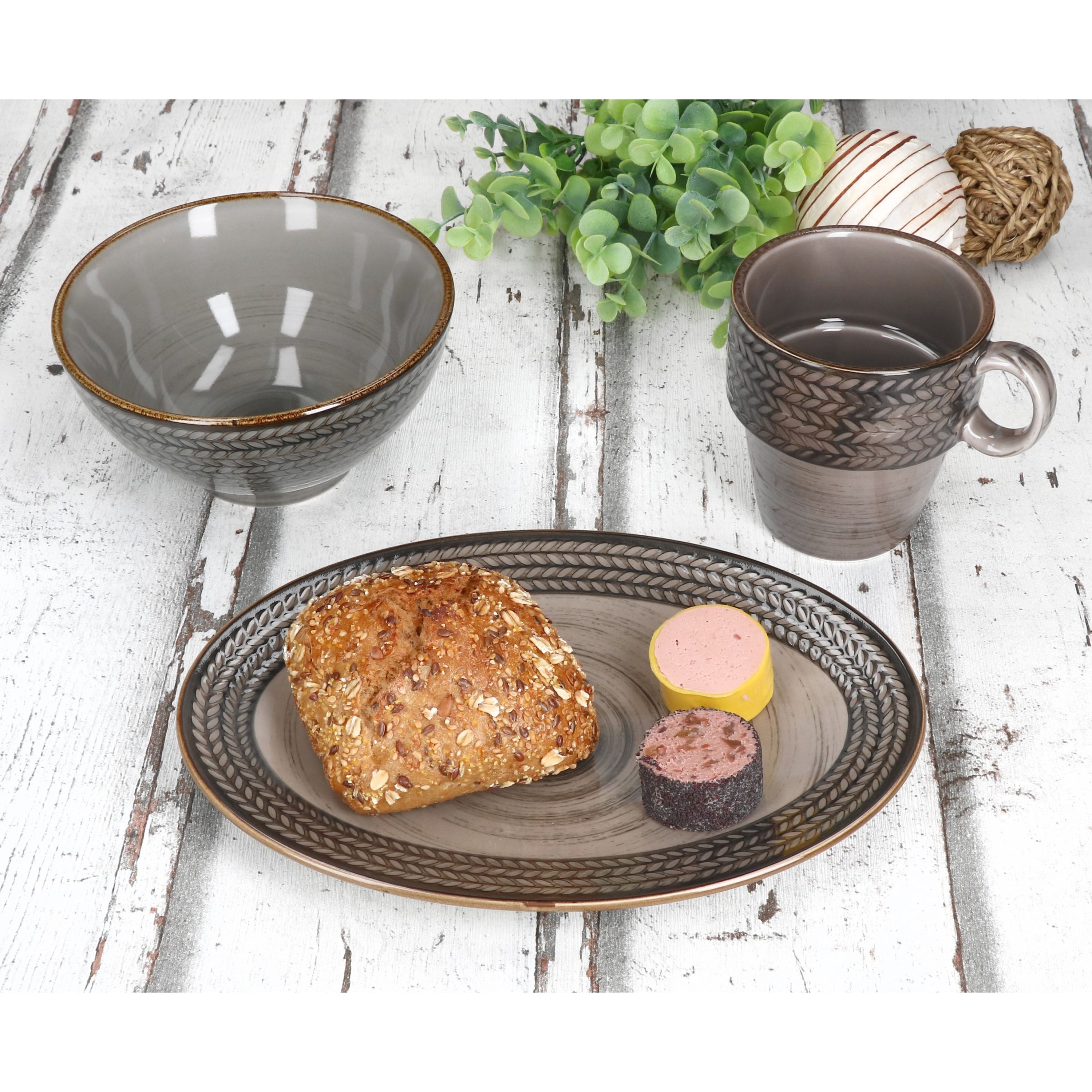 MÄSER Frühstücks-Geschirrset Mäser 18tlg Frühstücksset Prospero braun Relief Platten Schalen Becher, Porzellan