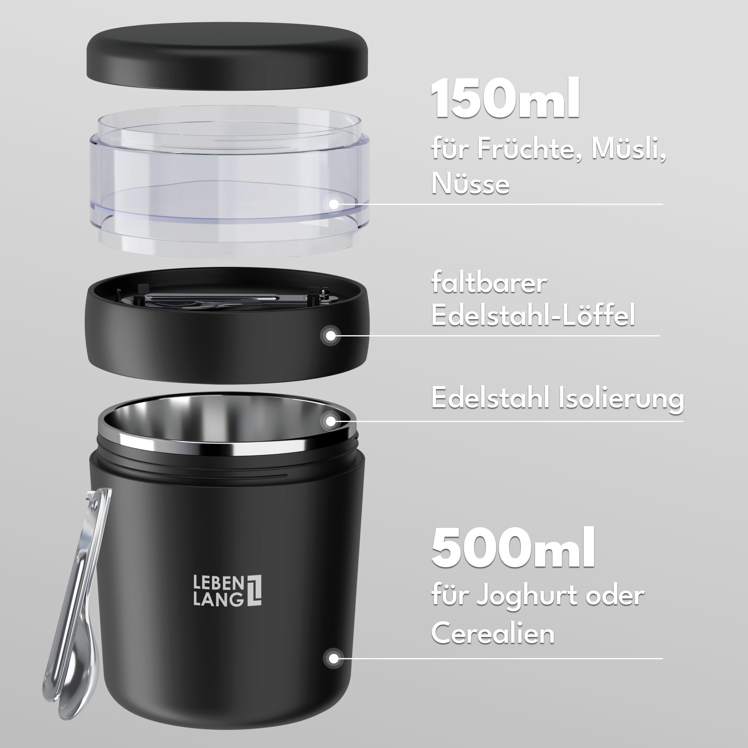 Lebenlang Aufbewahrungsbecher Müslibecher, Isolierende Edelstahlinnenwand, ToGo mit Löffel & 650ml, Edelstahl/Kunststoff, (500ml Becher, 150ml Aufsatz, Drehvershluss, faltbarer Löffel), Auslaufsicher & Perfekt für Schule, Kita, Büro oder Uni