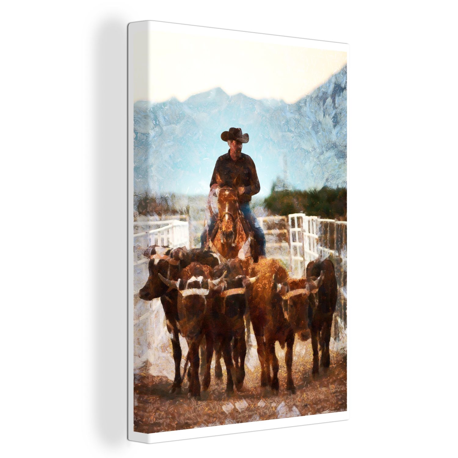 OneMillionCanvasses® Leinwandbild - cm - Cowboy fertig (1 Gemälde, 20x30 Amerika, Kühe inkl. Zackenaufhänger, St), Leinwandbild bespannt