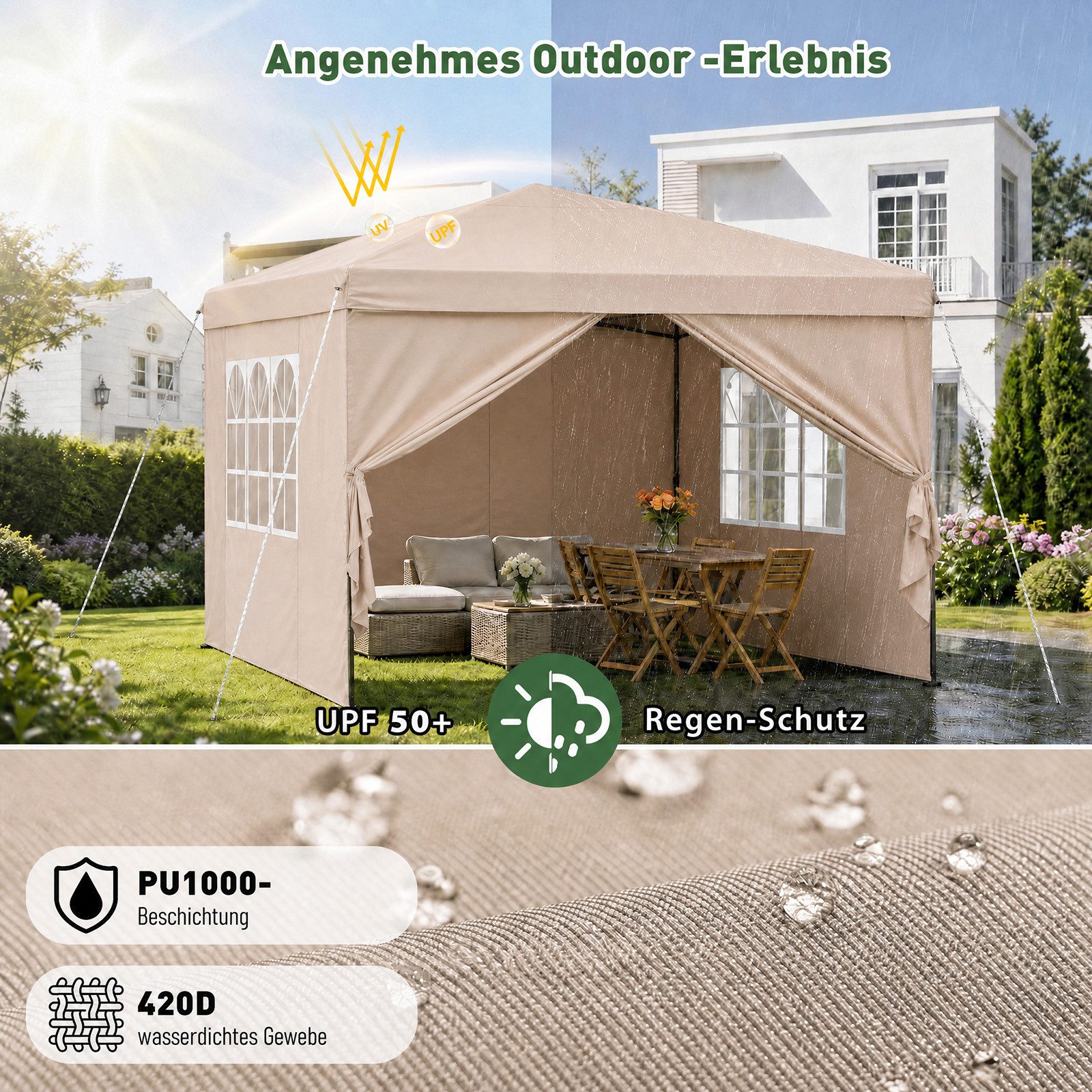 Sekey Faltpavillon 2x2/3x3/3x6 m, Gartenpavillon mit 4 Seitenteilen Partyzelt Wasserdicht, mit 4 Seitenteilen, Gartenpavillon 3 x 3 winterfest, Pavillon Pop Up  – Bild 5 von 5