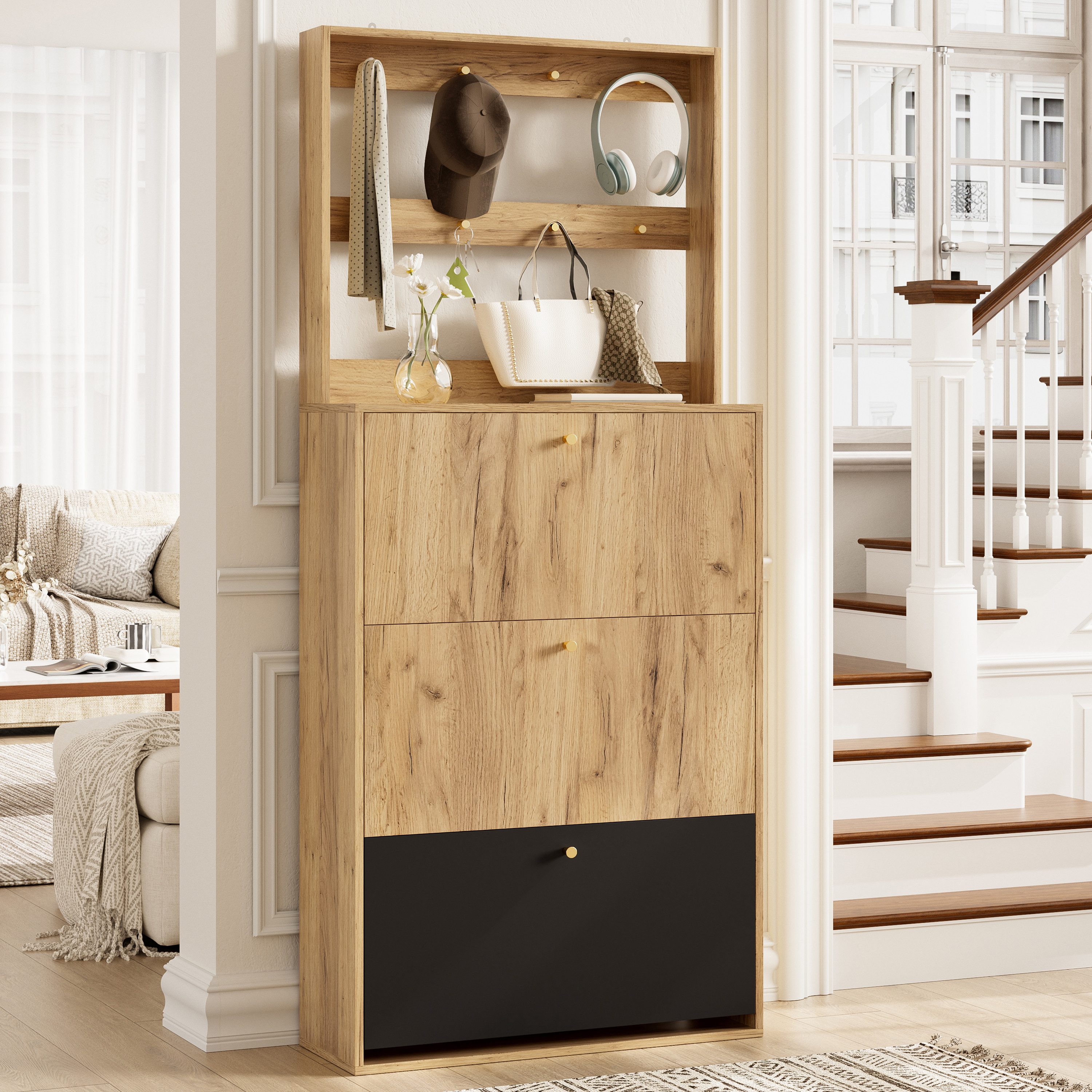 Flieks Schuhschrank mit Haken, 3 klappbaren Aufbewahrungsfächern (1-St., B75/T24/H180 cm) Schuhkommode mit 3 Klappen Schuhregal Schuhkipper Holzoptik