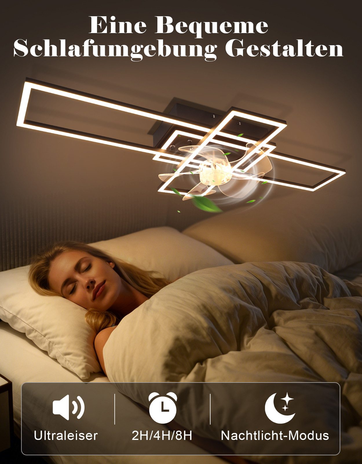 Nettlife Deckenventilator Beleuchtung dimmbar 6-Stufen Fernbedienung leiser Schwarz Modern, für Wohnzimmer Esszimmer Schlafzimmer Timer Nachtautomatik – Bild 5 von 5