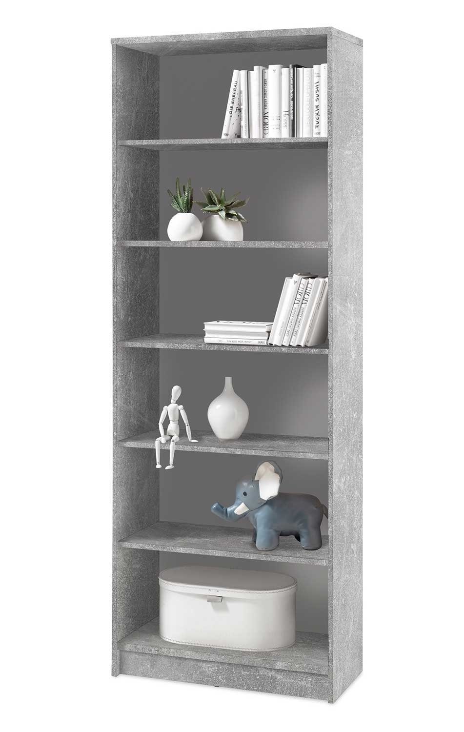 Bücherregal OPTIMUS, Betondekor, 6 Fächer, Freistehend, B 72 x H 198 x T 34 cm