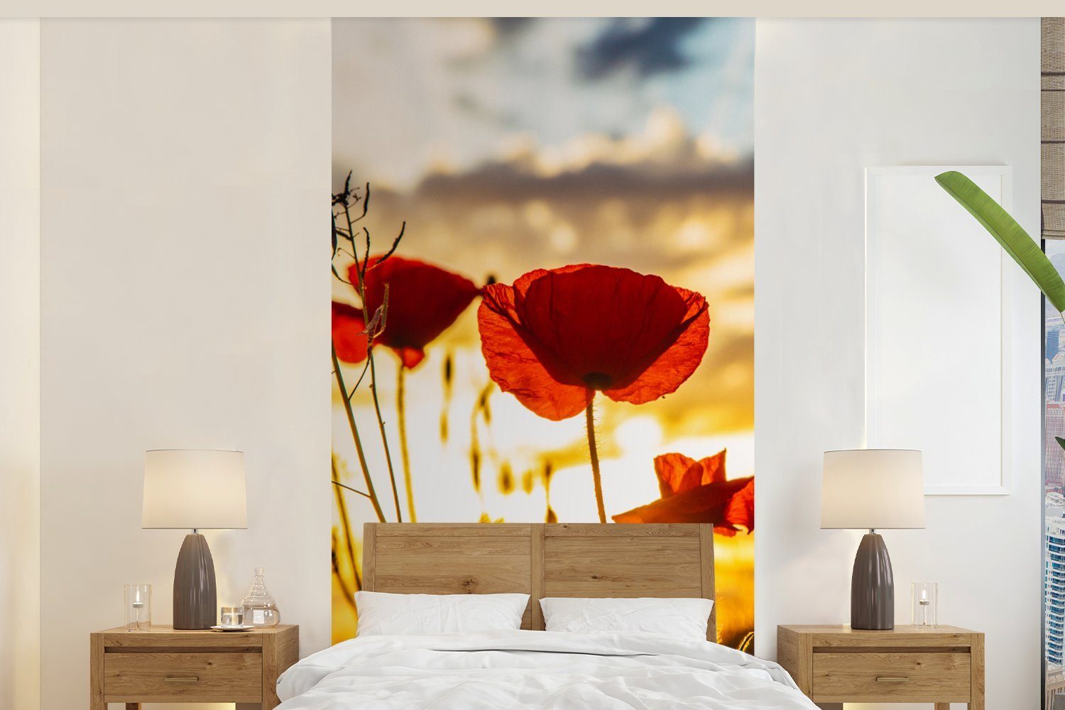 MuchoWow Fototapete Rote Mohnblumen bei Sonnenaufgang, Matt, bedruckt, (2 St), Vliestapete für Wohnzimmer Schlafzimmer Küche, Fototapete
