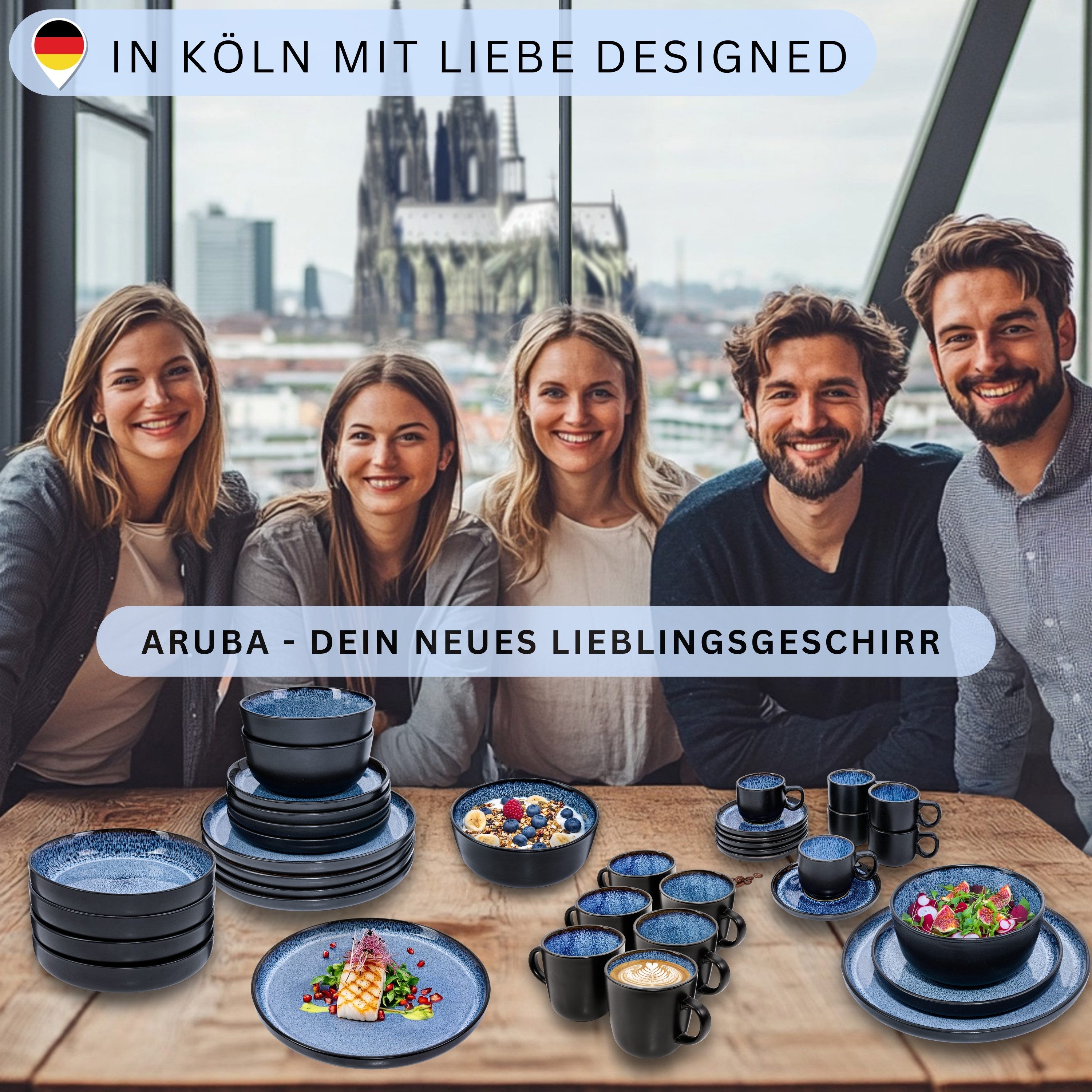 SÄNGER Espressotasse Aruba 12 tlg., 8-tlg., Steingut, Blau-Schwarz, Handmade, Erweiterbar, VALUE COLLECTION