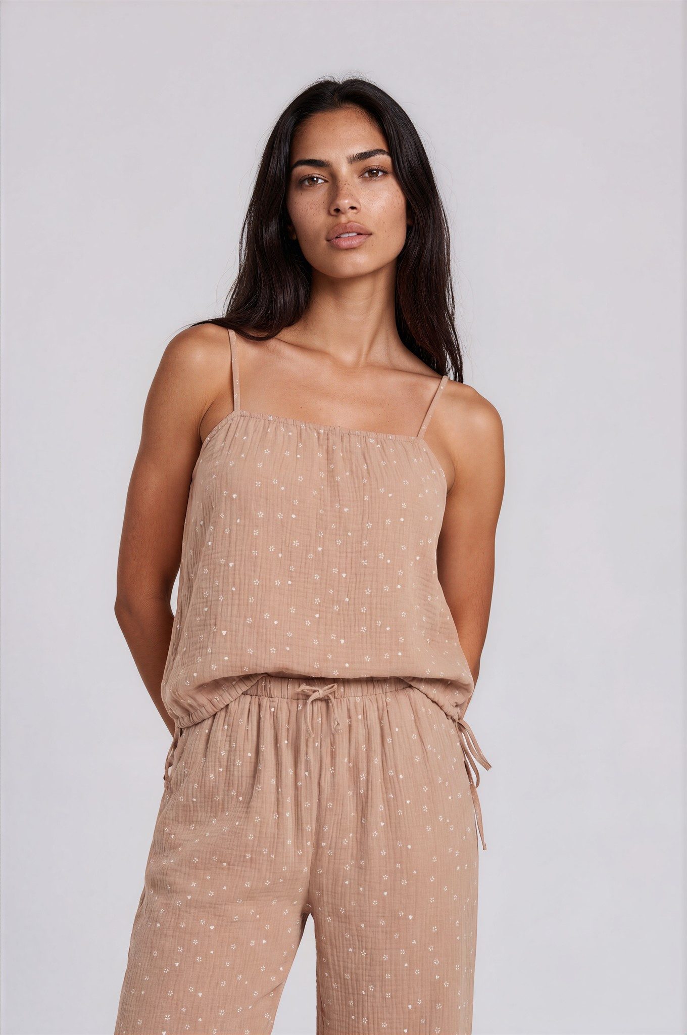 Mademoiselle Sommeil Pyjama Damen Musselin Schlafanzug aus 100 % Baumwolle (Set, 2 tlg) mit Spaghettiträger-Top & 7/8-Hose, leichte Sommer-Nachtwäsche