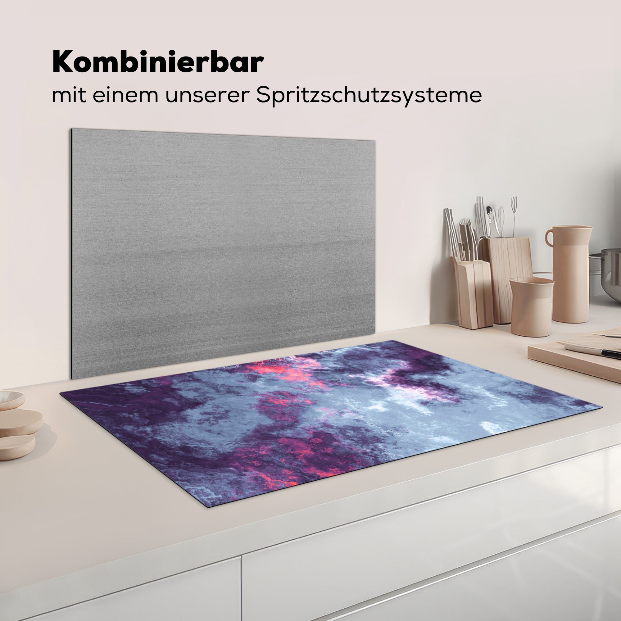 cm, MuchoWow tlg), und für Ceranfeldabdeckung, küche 83x51 (1 Graue Vinyl, Herdblende-/Abdeckplatte violette Arbeitsplatte Geometrie,