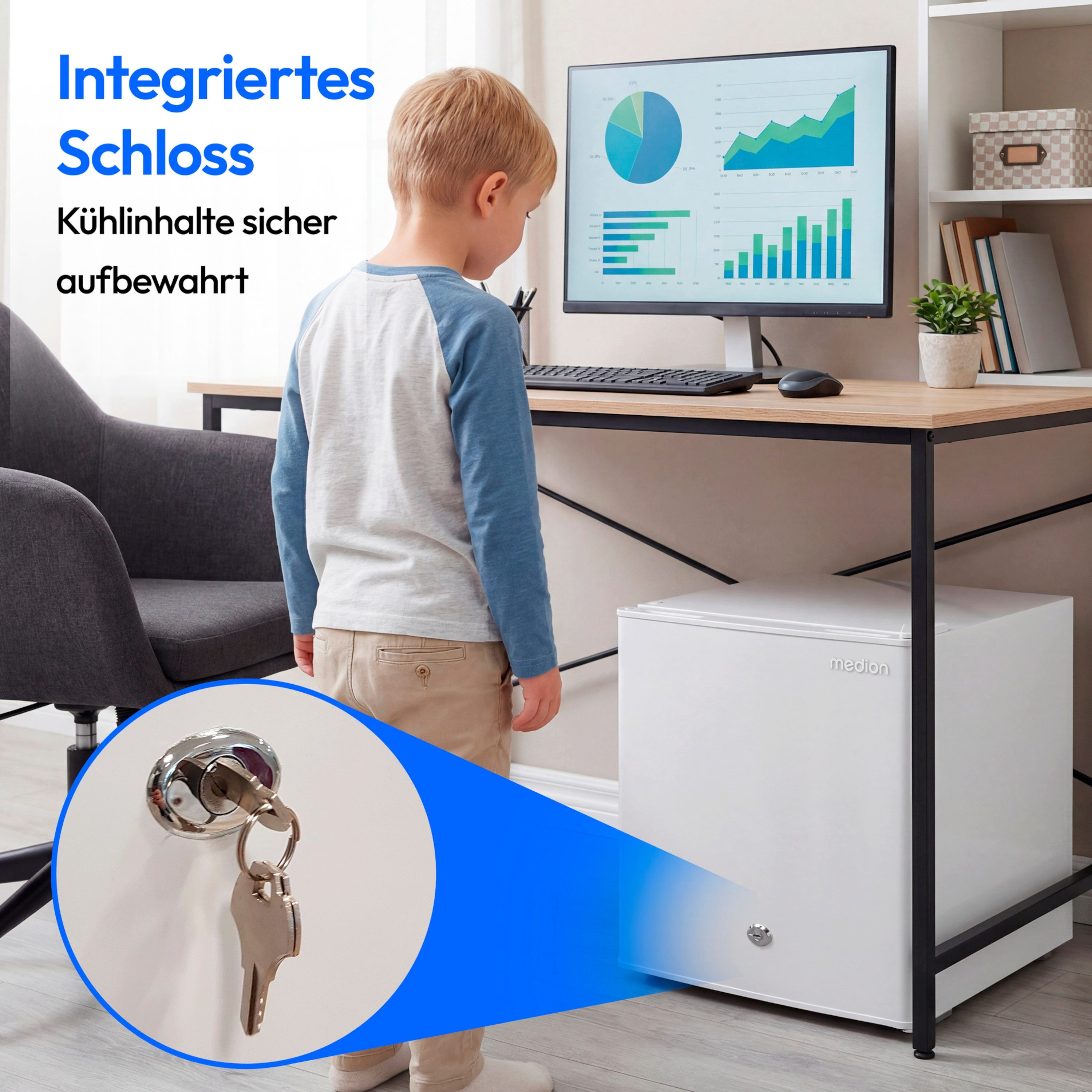 Medion® Kühlschrank MD370001, 50 cm hoch, 48 cm breit, 42 L Gesamtnutzinhalt, wechselbarer Türanschlag, Schloss