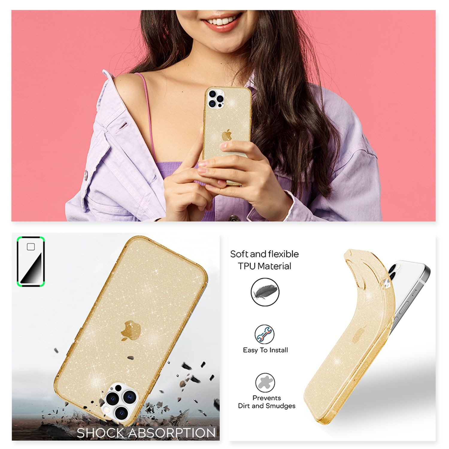 Nalia Smartphone-Hülle Apple iPhone 12 Pro Max 17 cm (6,7 Zoll), Klare Glitzer Hülle / Silikon Transparent / Glitter Cover / Bling Case