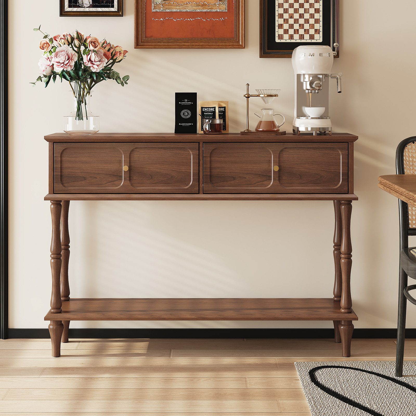 HOLTICO Konsolentisch aus Holz mit 2 Schubladen, Flurtisch, Eingangstisch, 120x30x86cm (1-St), Schmaler Konsolentisch für Wohnzimmer, Flur & Schlafzimmer
