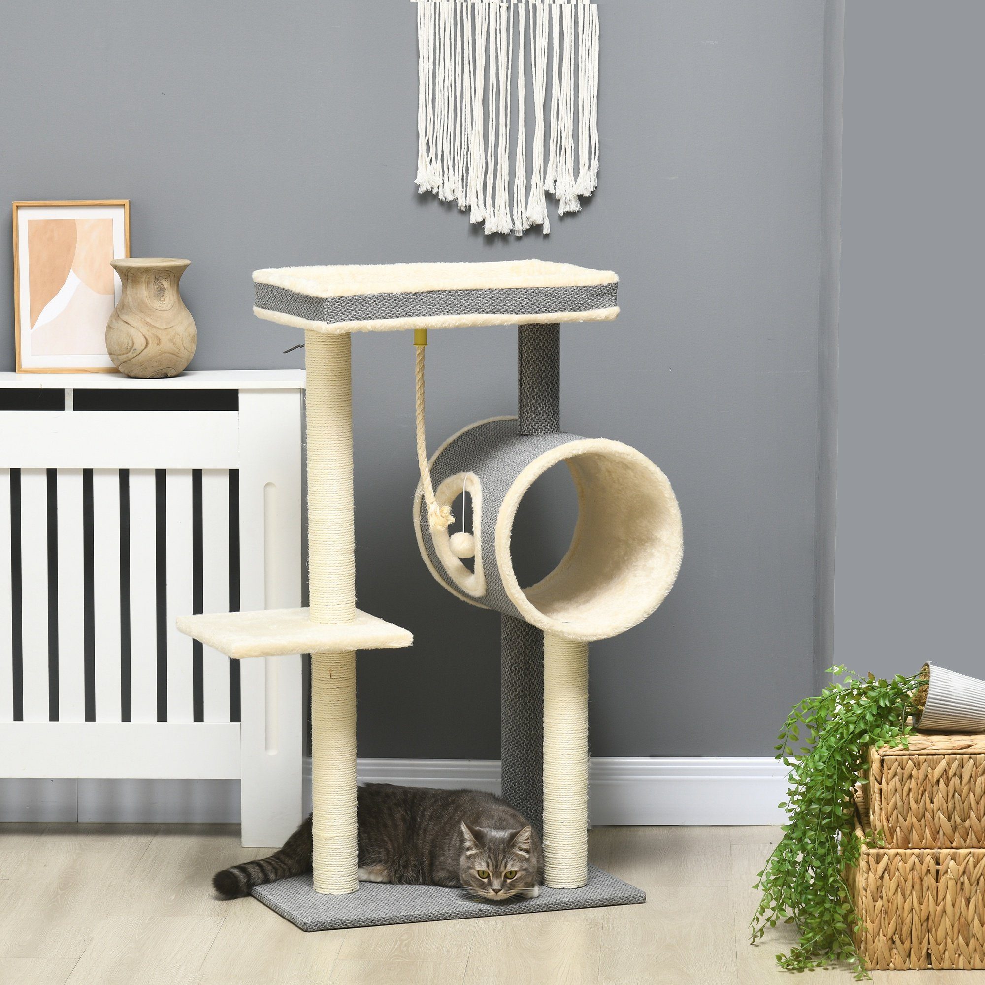 PawHut Kratzbaum Katzenbaum, Katzenkratzbaum mit Spielball, Katzenbaum, Sisal, Grau, 60L x 40B x 104H cm