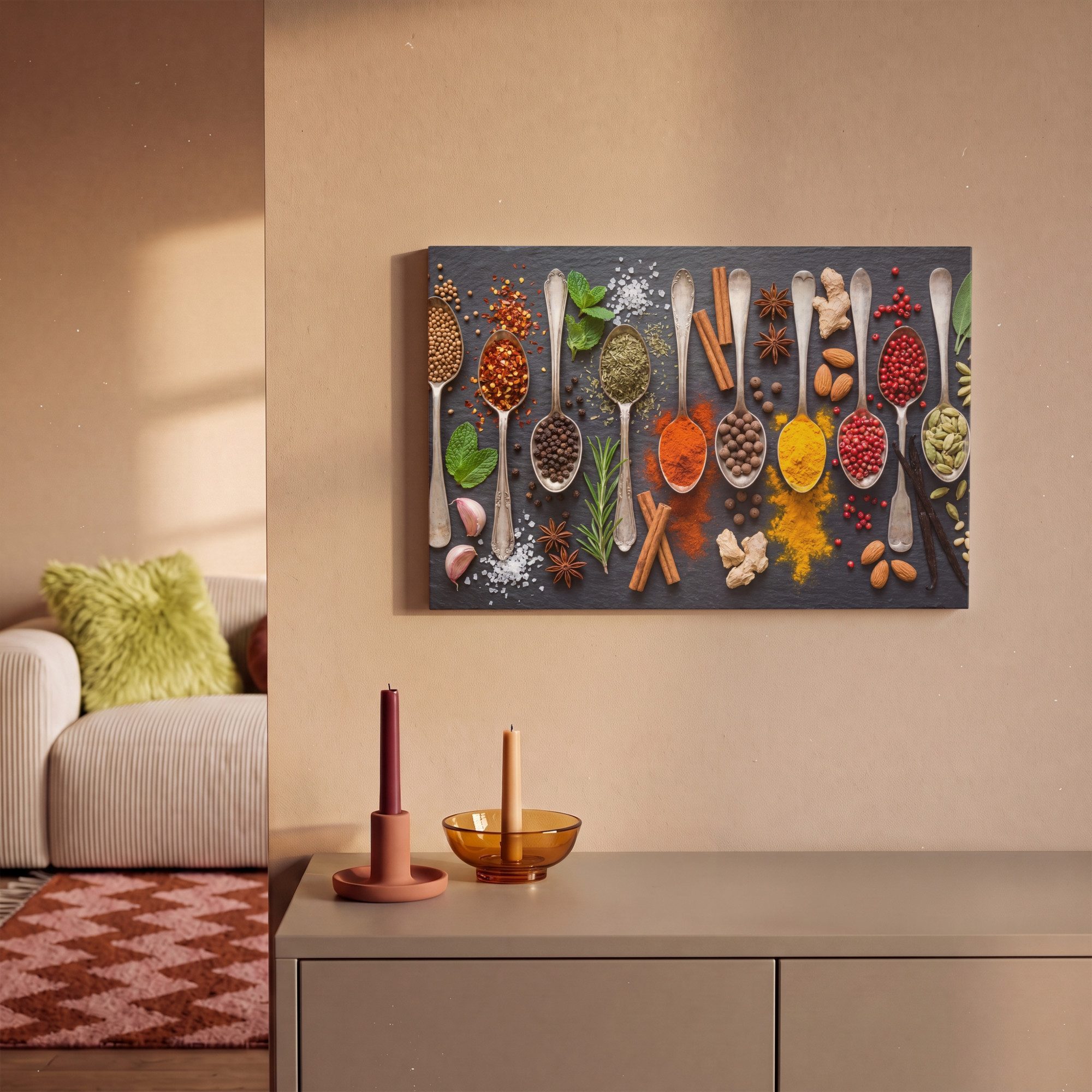 OneMillionCanvasses® Leinwandbild Gewürze - Löffel - Kulinarisch - Farbenfroh - Stimmungsvoll, Fotodruck (1 St), Leinwand Canvas Wandbild, Wanddekoration 20x30  – Bild 2 von 5