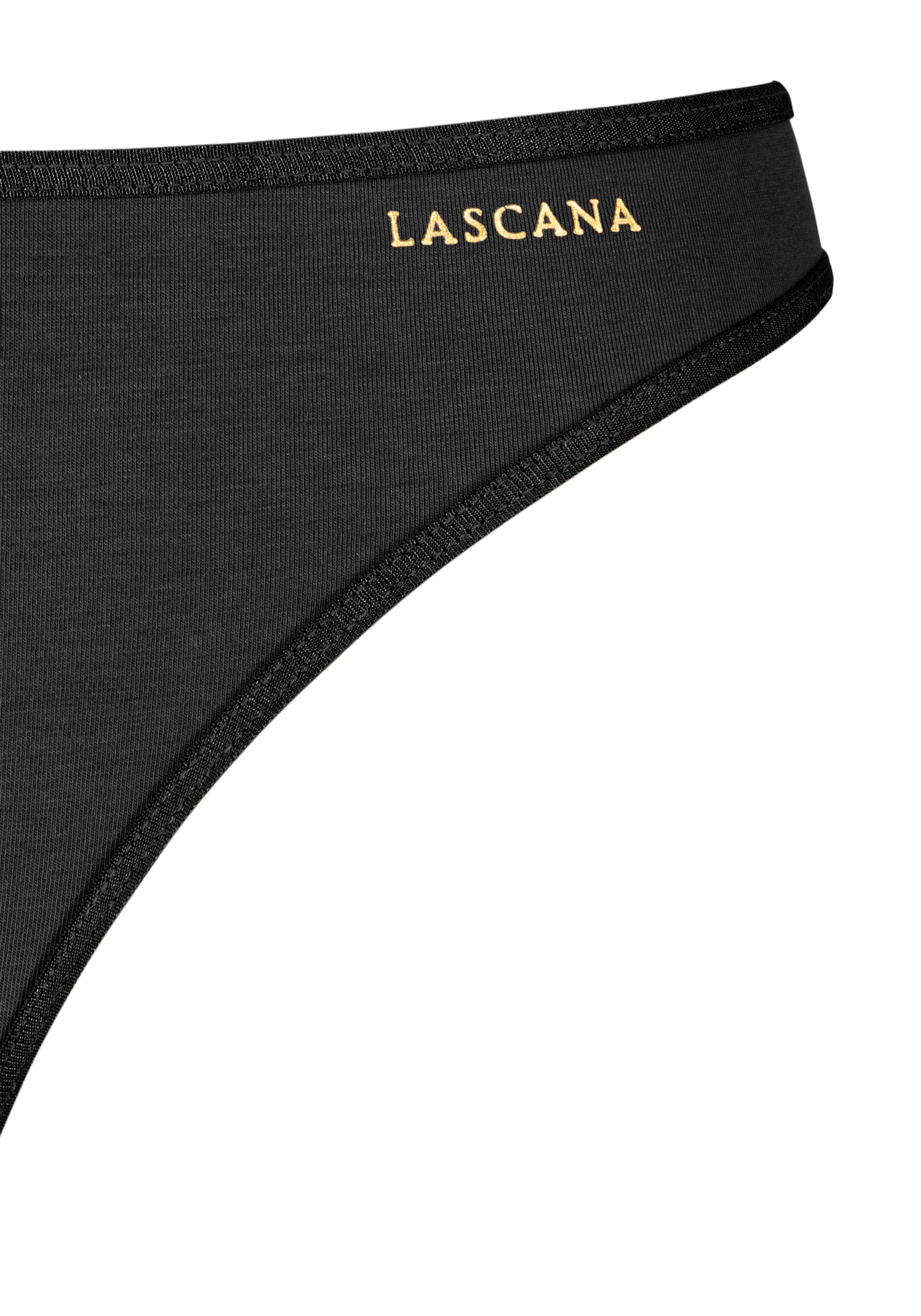 Wäsche/Bademode Unterhosen LASCANA String (3 Stück) mit goldfarbenem Logodruck
