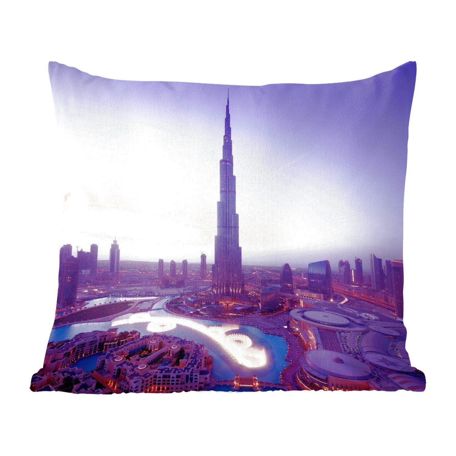 für Sofakissen MuchoWow Himmel mit über Dekokissen Burj Khalifa, Wohzimmer, Schlafzimmer, dem Füllung Lila Deko, Zierkissen