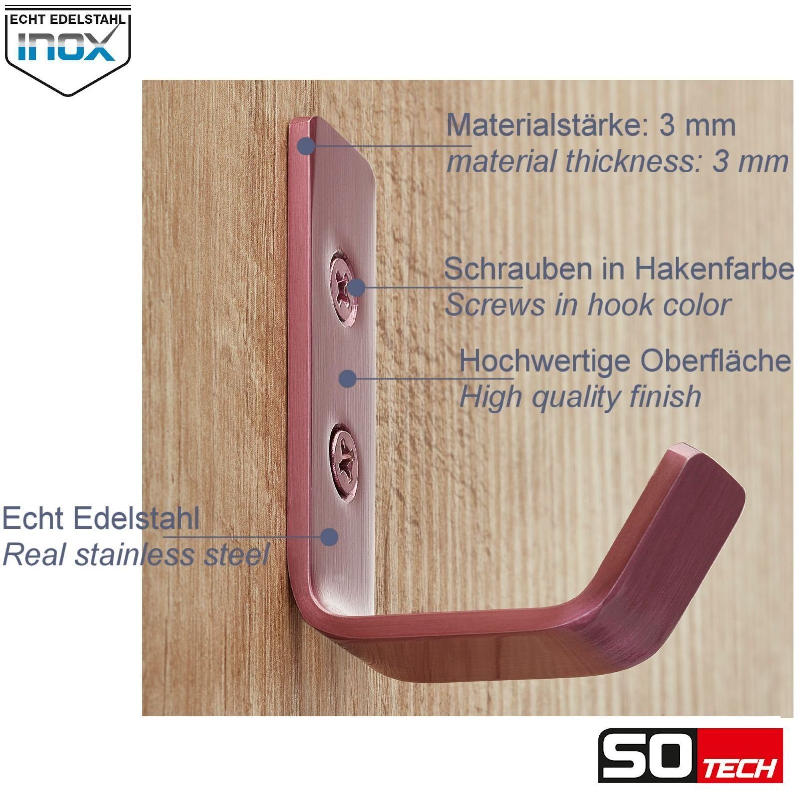 SO-TECH® Kleiderhaken doppelter Wandhaken, Edelstahl, 142 x 20 x 45 mm, (1-St), großer Jackenhaken mit abgerundeten Kanten pink