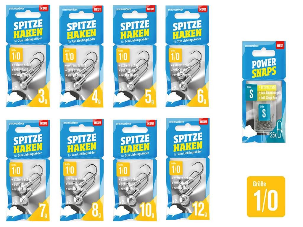 Lieblingsköder Jighaken Lieblingsköder Jigkopf-Set 1/0 - 16 Jigköpfe + 25 Snaps, (Jighaken-Set #/0 incl. Snaps), super Scharf - passend für 6 cm Köder