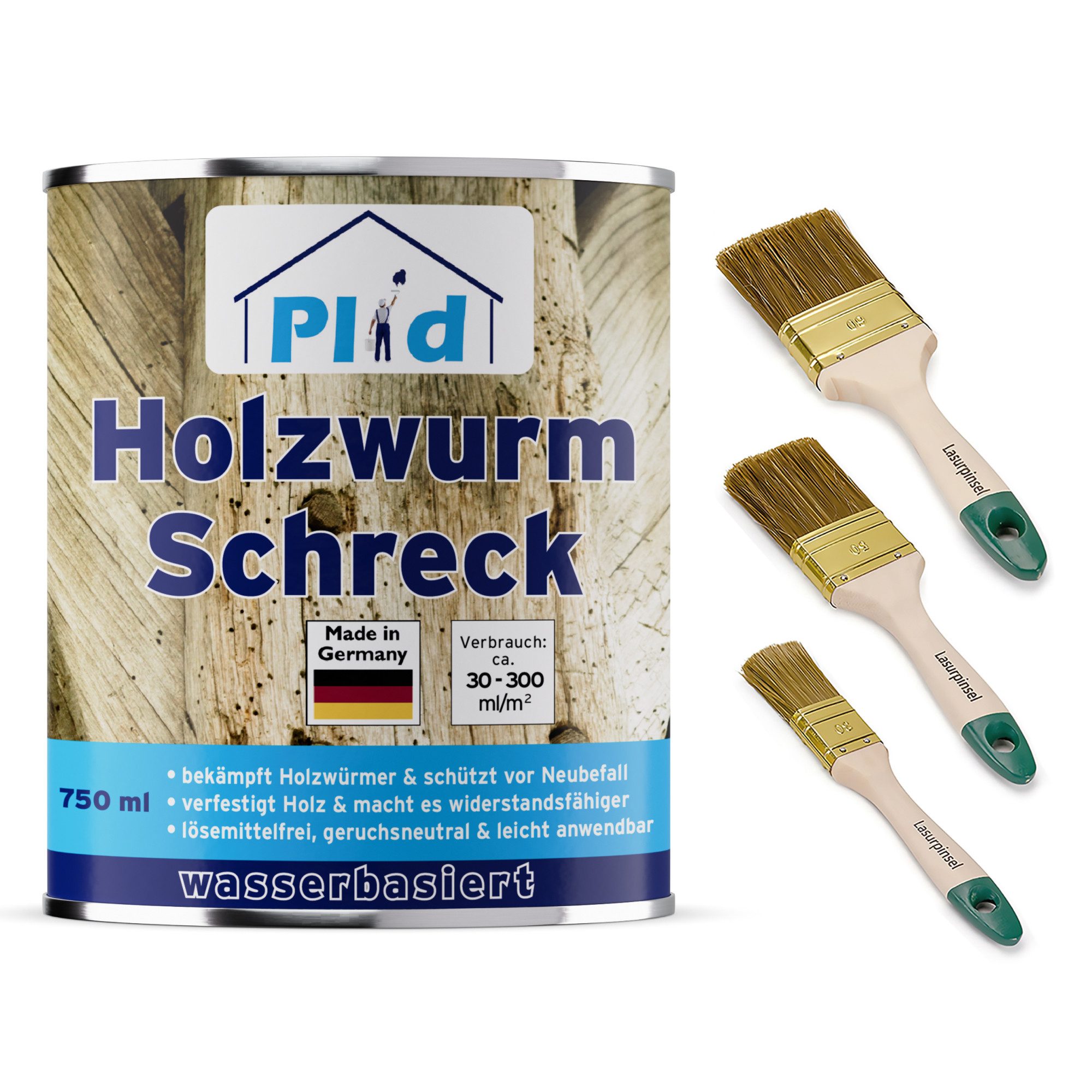 plid Holzwurm-Ex Holzwurm-Schreck & Pinselset 3-tlg Holzschutz Holzwürmer Holzbohrkäfer, Schnelltrocknend