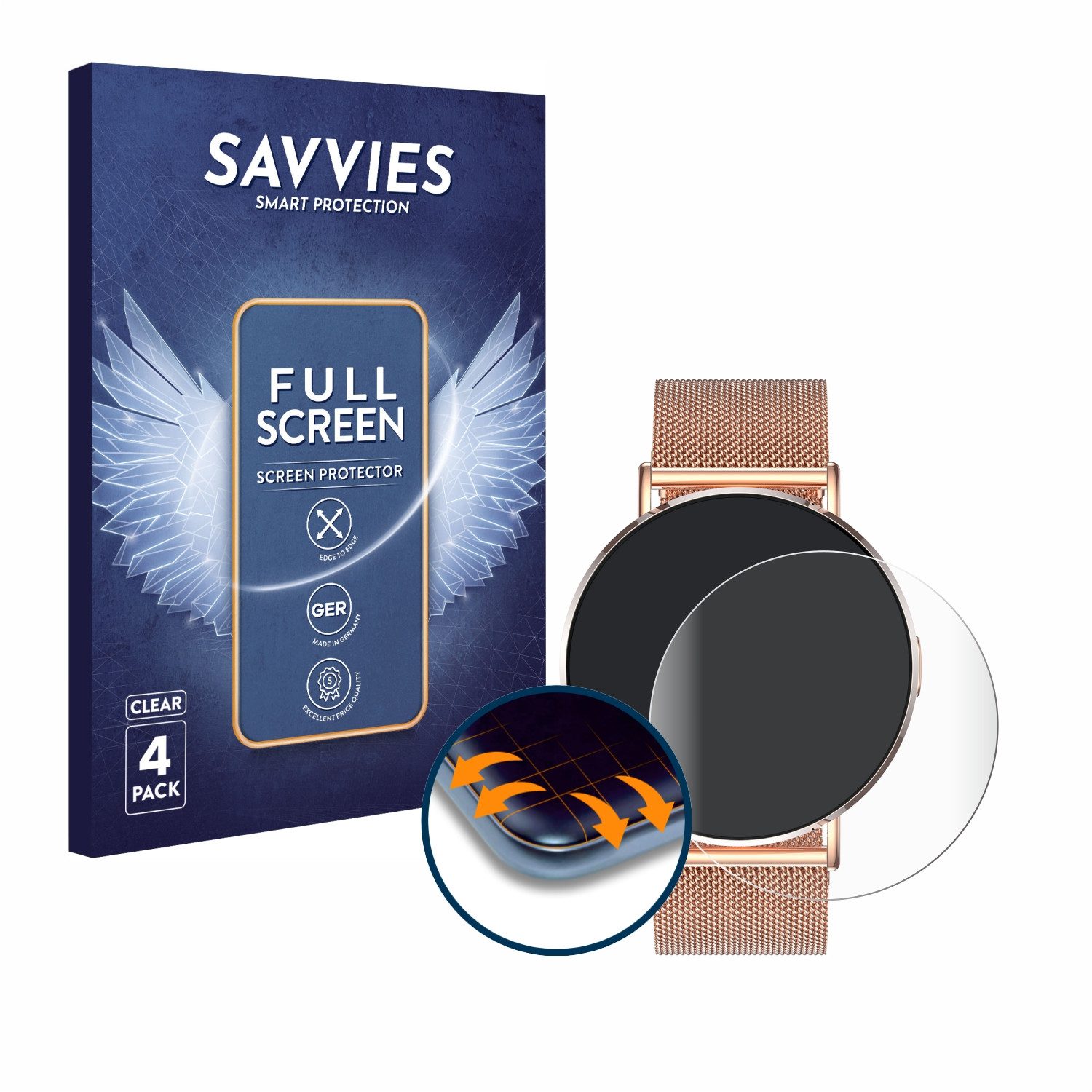Savvies Displayschutzfolie Fullscreen Schutzfolie für Levowatch Eve 1.3", 4 Stück, Displayschutz Folie Fullcover Klar Transparent